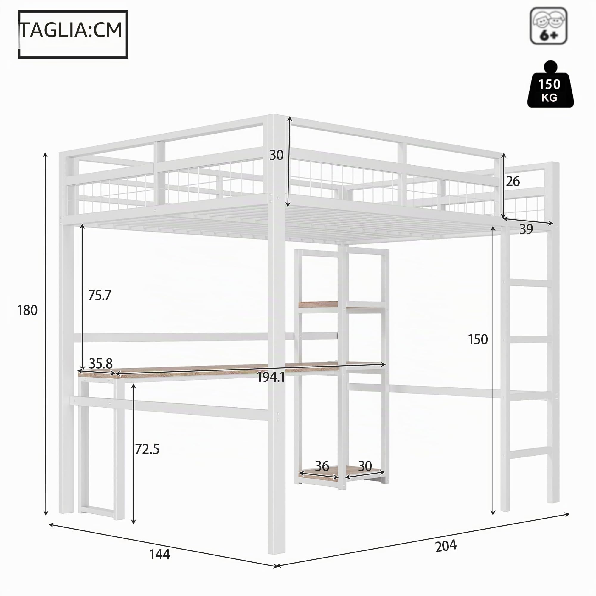 Letto a soppalco in metallo, 140 x 200 cm, scrivania con presa e scaffale, con ricarica USB + Type-c, per bambini, ragazzi e adulti, letto a castello, senza materasso (bianco)