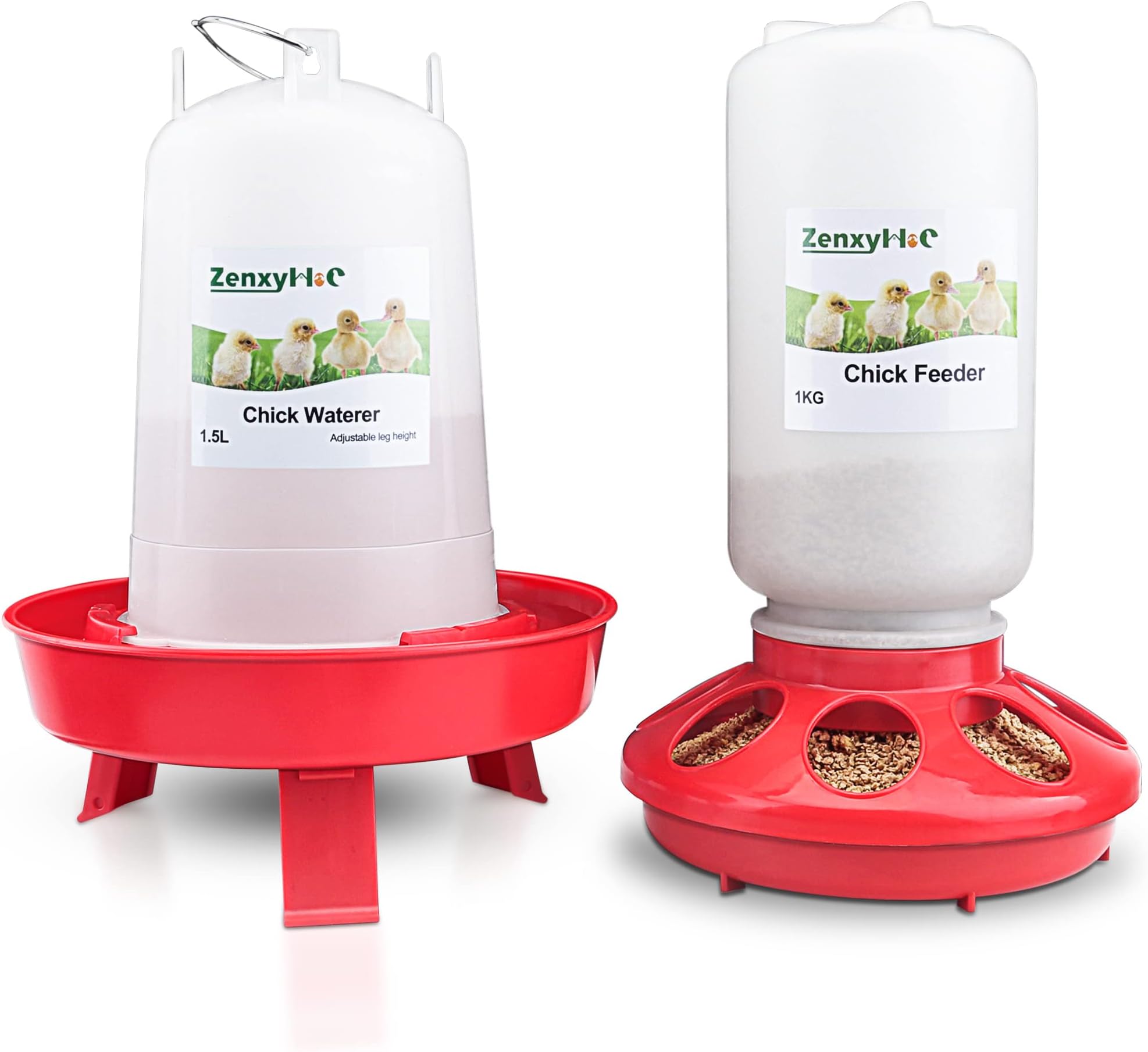 Chick Feeder and Waterer Kit, 1L Chick Feeder and 1.5L Chick Water Drinker with 3 Adjustable Heights Combo for Baby Chicken Duck Small Poultry