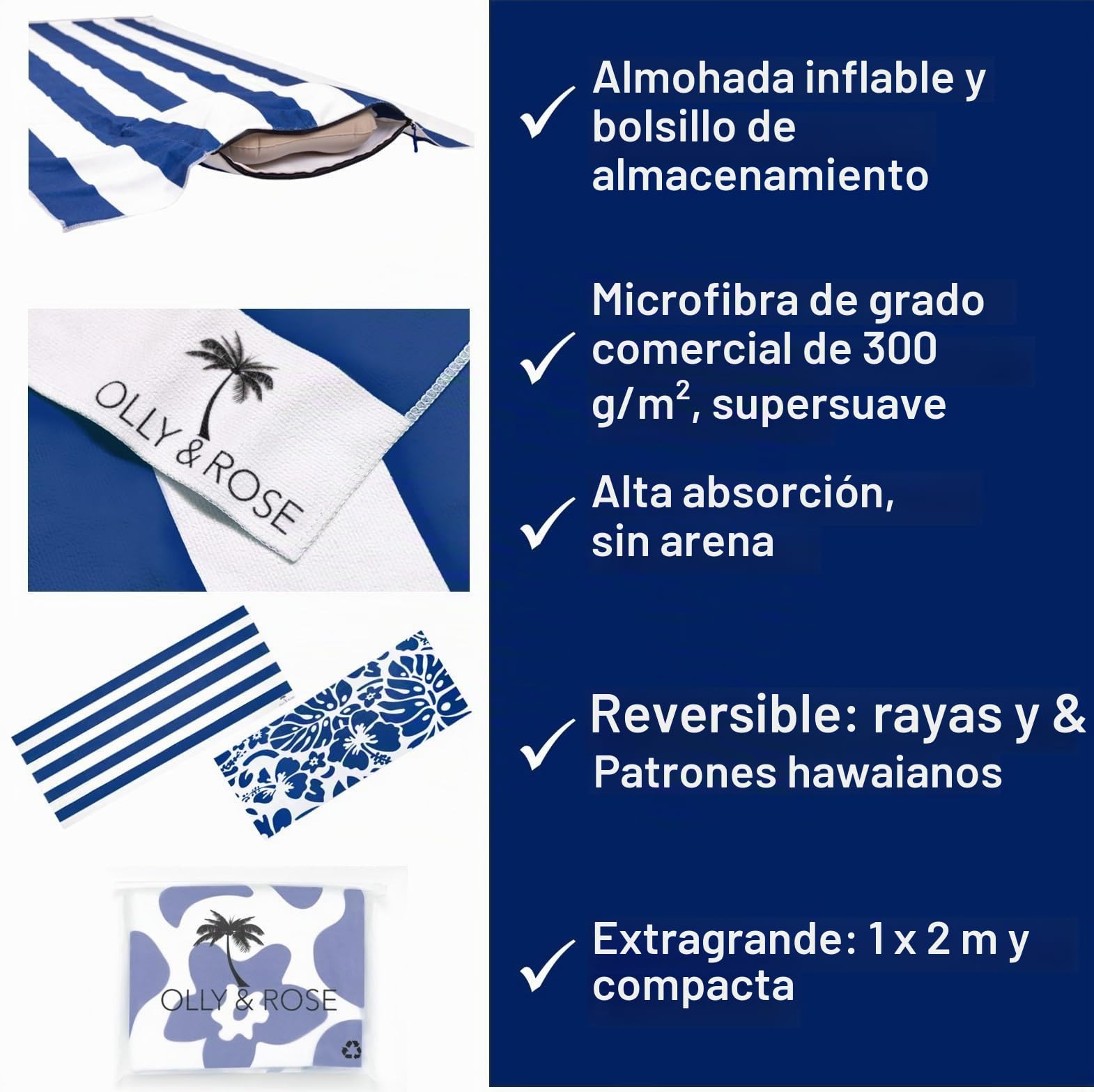 Olly & Rose Toalla de Playa Extra Grande de Microfibra de Lujo con Bolsillo con Cremallera y Almohada Inflable y patrón Reversible 100 x 200 cm - Toalla de Viaje Ligera de Microfibra de Lujo 300 g/m²
