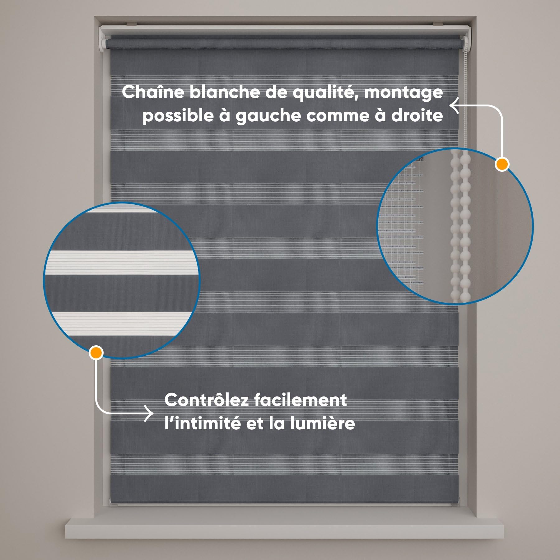 DTCH® Store Enrouleur Jour Nuit - Translucide - Gris - 90 x 220 - sans perçage - Fixation par Serrage