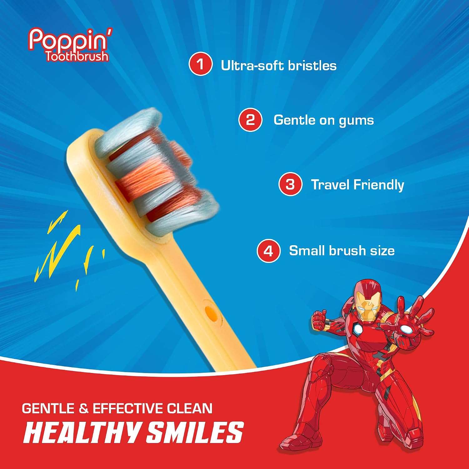 Brush Buddies Marvel Iron Man Kids Toothbrush Soft Rounded Bristles Poppin Fun Superhero Toothbrush Cover Easy Grip Handle Gentle Cleaning for Toddlers & Kids Ages 2+ Travel Friendly Oral Care