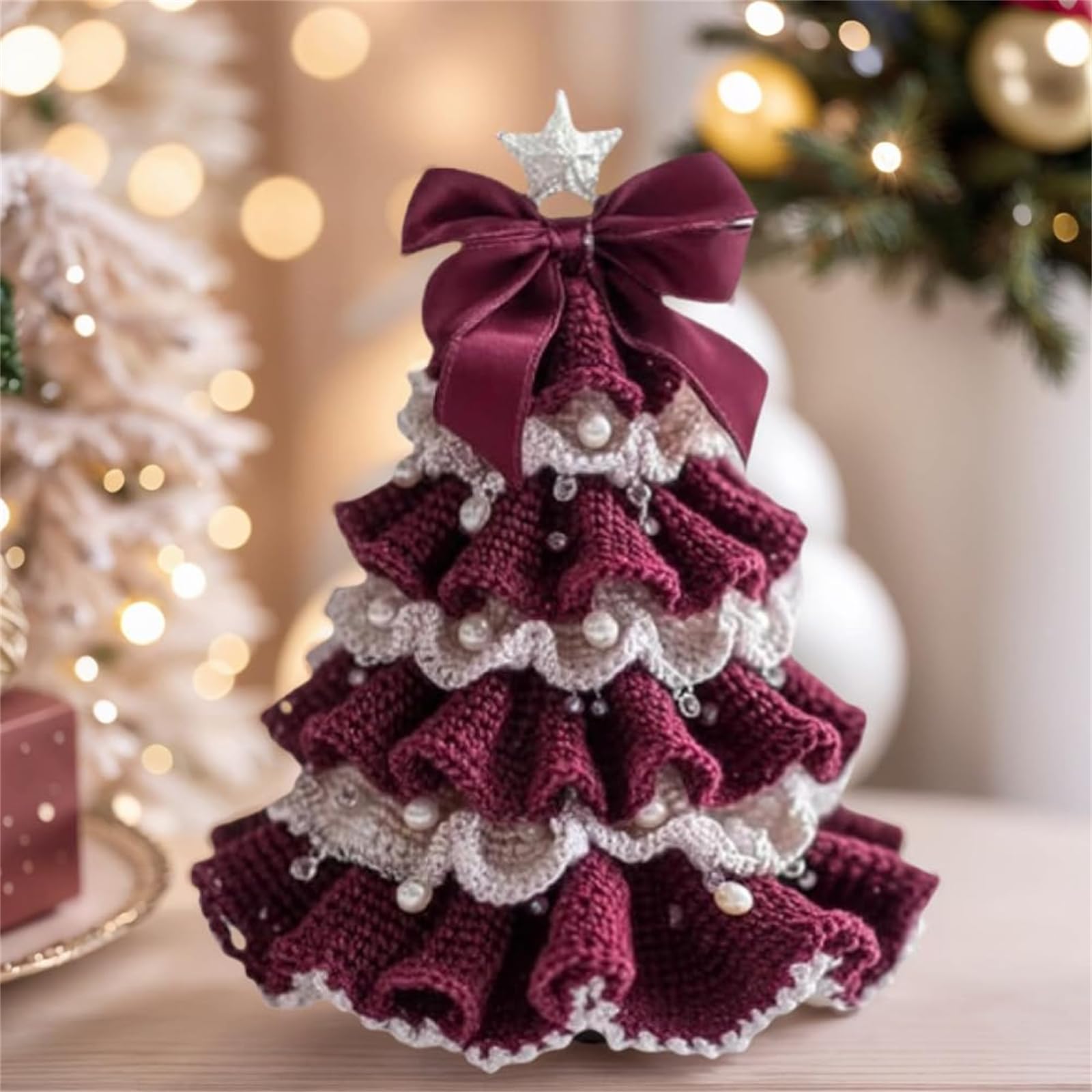 Kit de árbol de Navidad de ganchillo hecho a mano, juego de decoración navideña con lazo y adorno de perlas, perfecto para principiantes