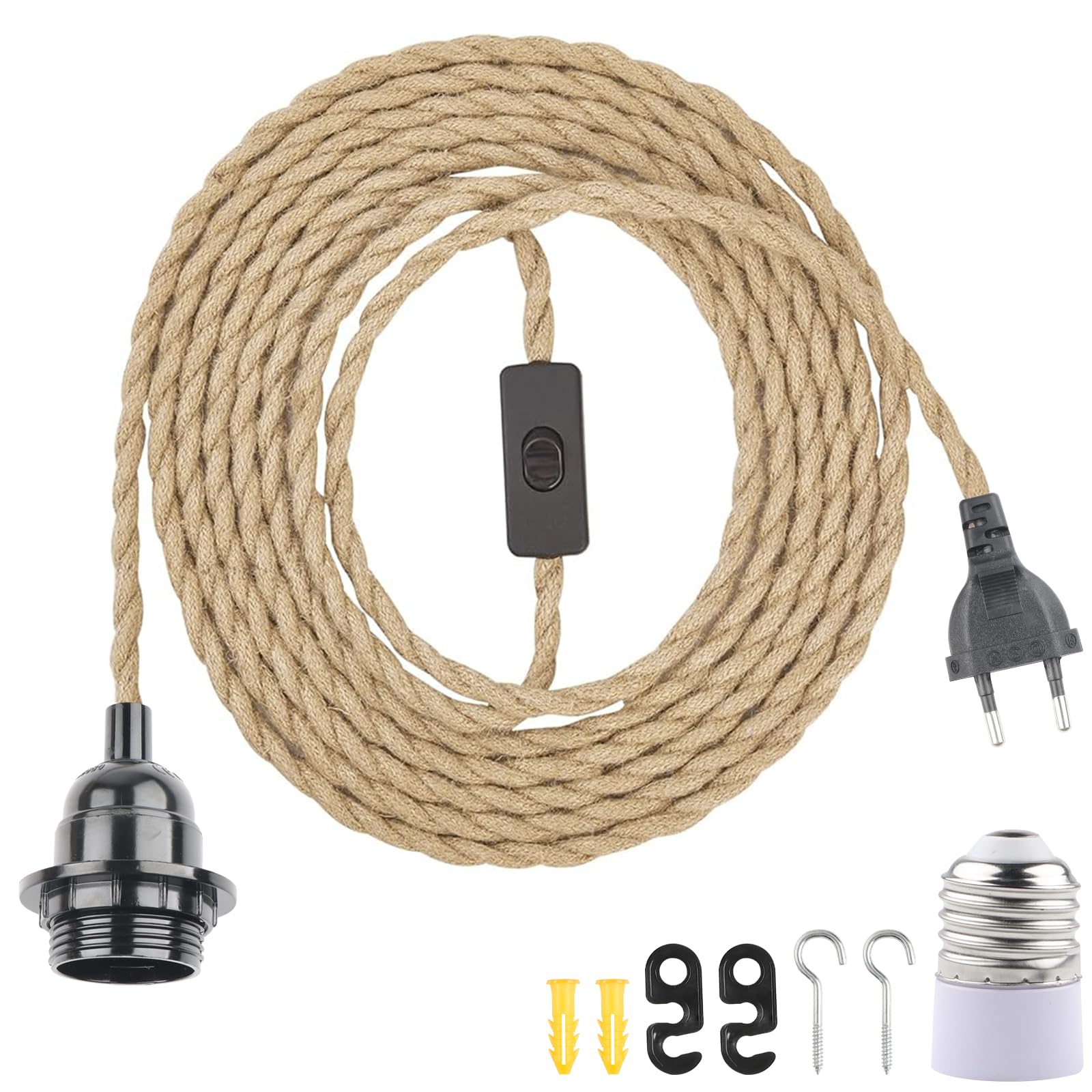 BlueXP E27 Lampenfassung mit Schalter und Stecker Fassung E27 mit 8m Hanfseilkabel für DIY Hängende Pendelleuchte Vintage Stehleuchten Hängelampe Kronleuchter
