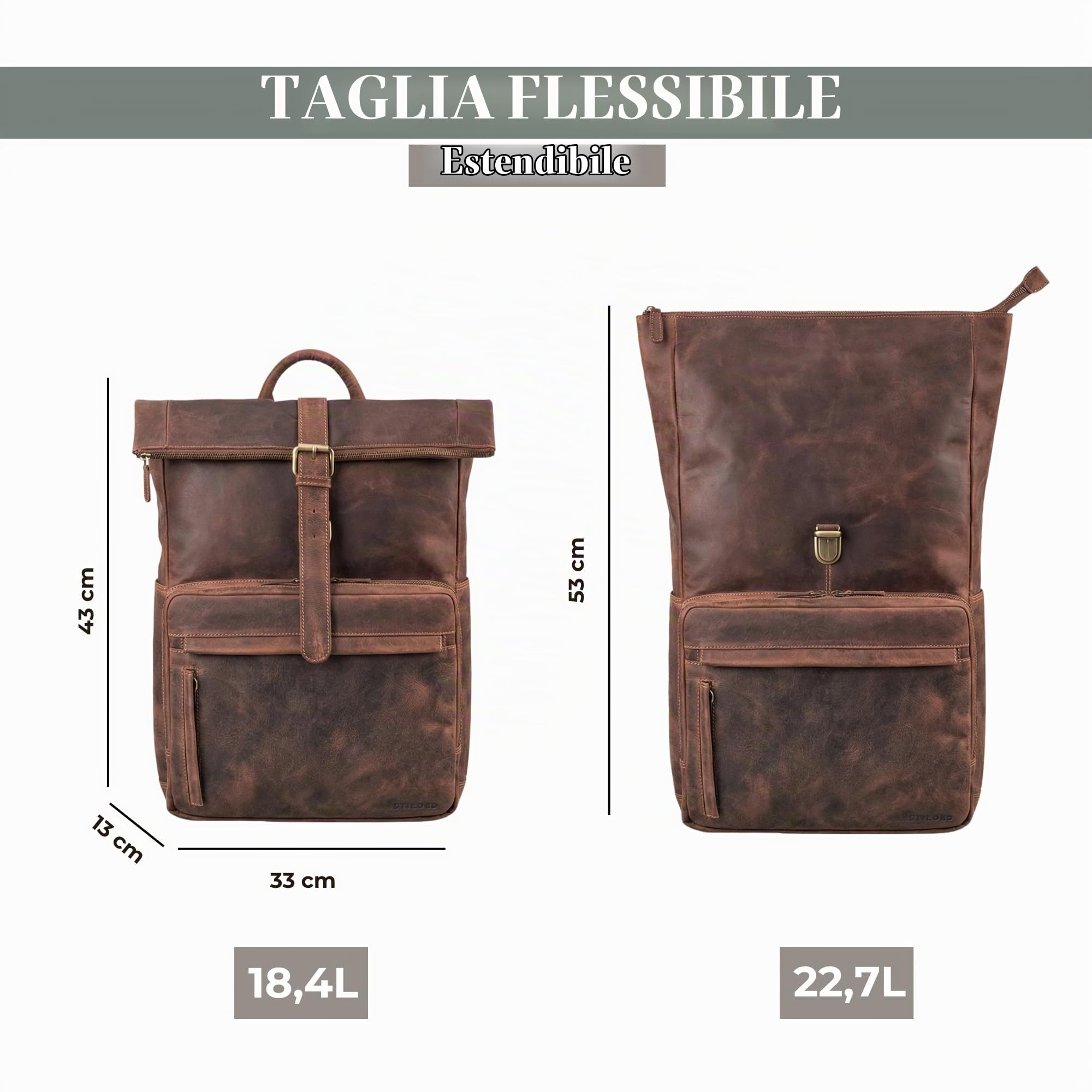 STILORD Melvin Zaino Rolltop in Pelle con Scomparto Laptop 16-17 Pollici - Porta PC da Bici - Bagaglio a Mano per Uomo e Donna