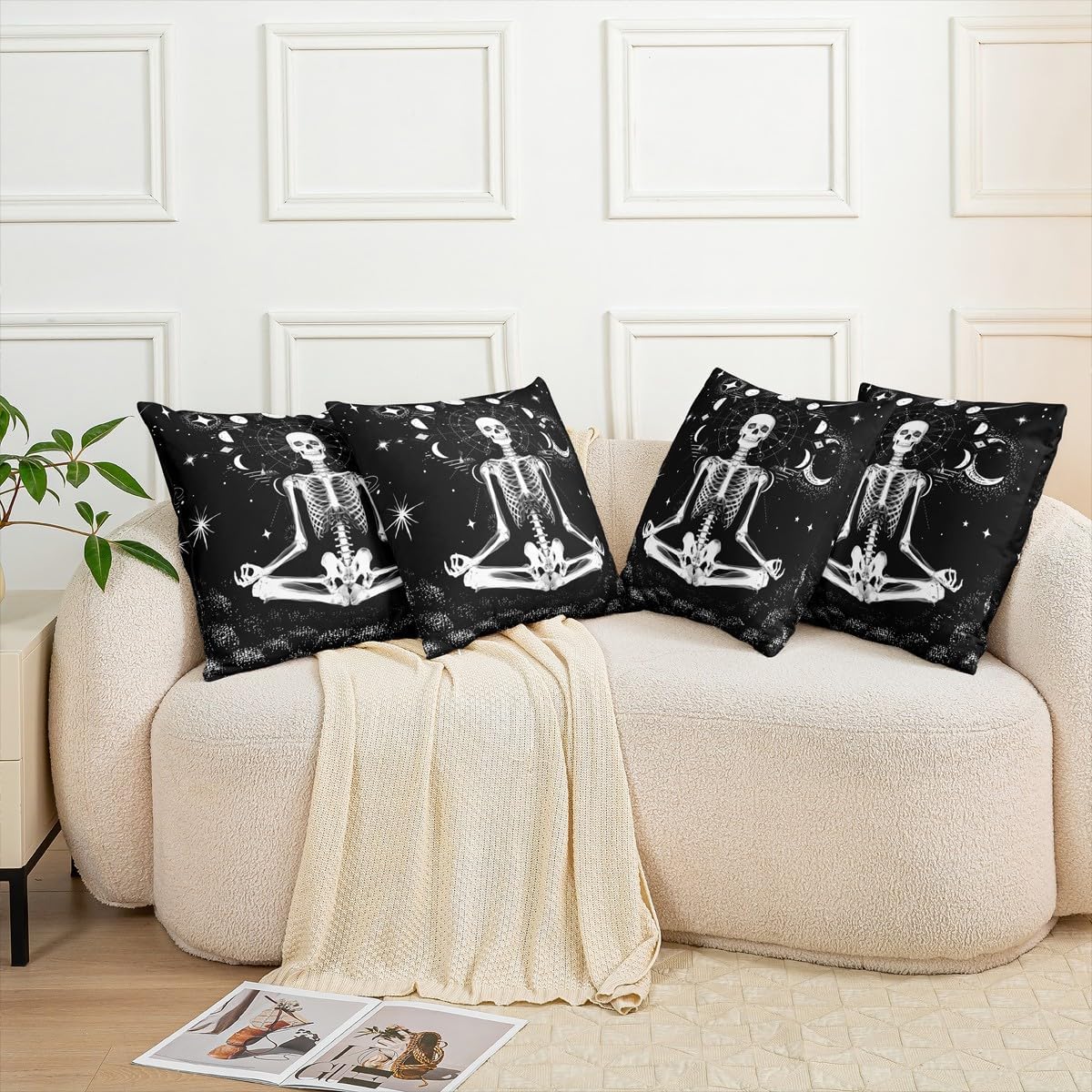 Pack of 2 Skull Pillow Covers 24x24,Gothic Skeleton Throw Pillow Covers Moon Duvet Insert Moon Phase Phychedelic Geometric Cushion Covers for Home Office Sofa Couch Chair Bed Outdoors, Black