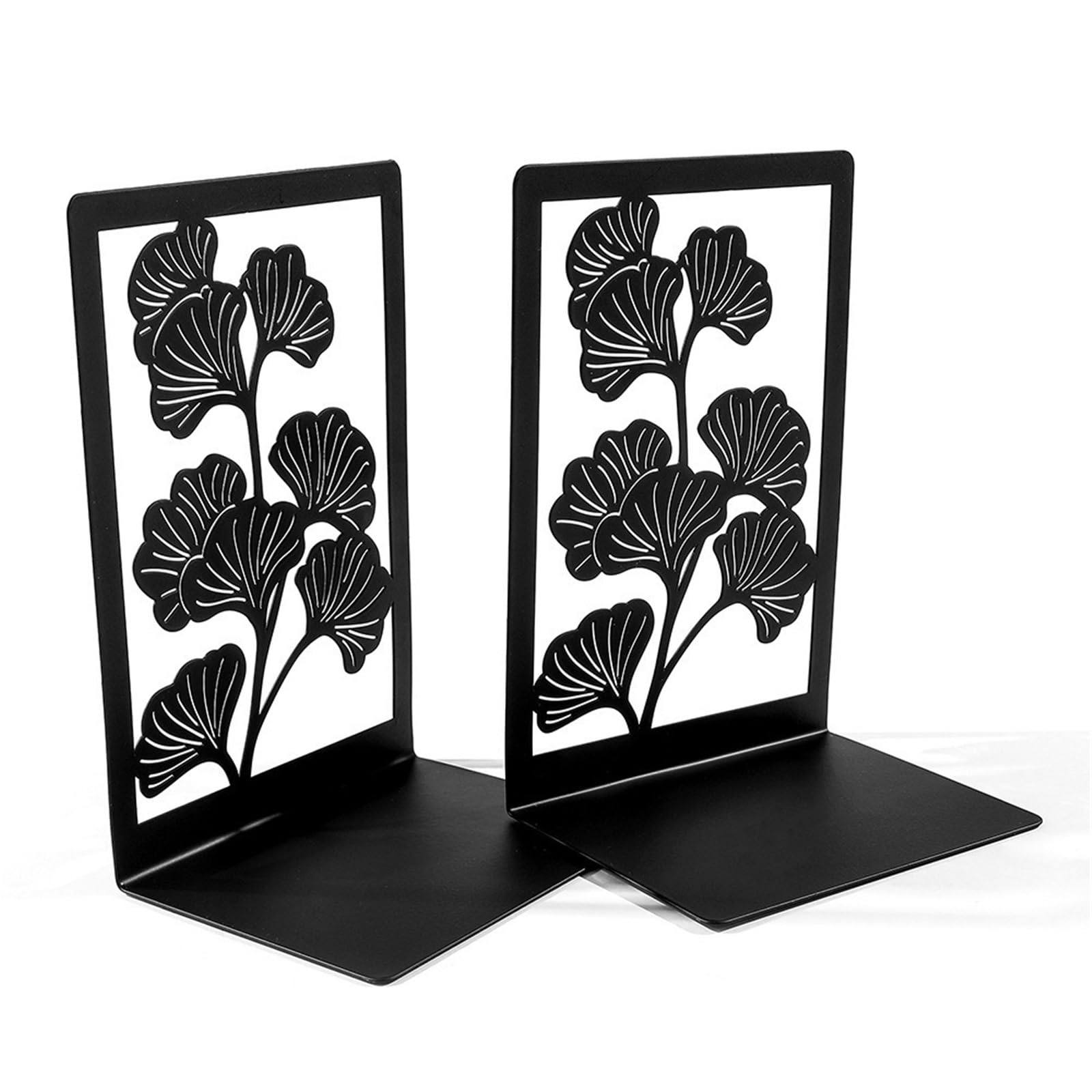 Bookends 1Pair Office Supplies Metal Ginkgo Leaf Bookends Stylish Bring Luck Book Rack Bookshelf Desktop(Black)