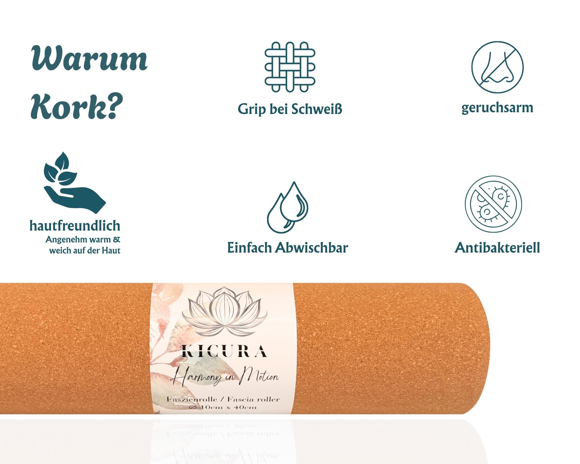 Kork Faszienrolle aus Naturkork, 40 cm lang, Ø 10 cm, hart, für Faszienmassage, Yoga und Pilates