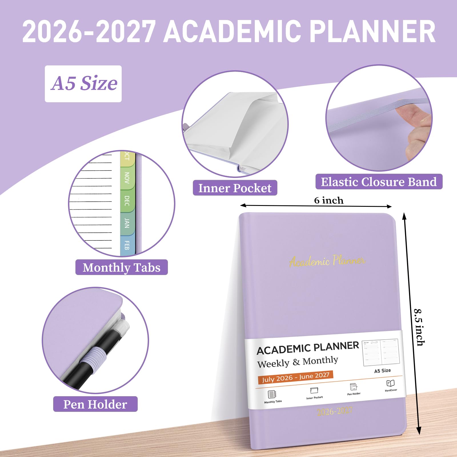 Akademischer Planer 2026–2027, wöchentlicher und monatlicher akademischer Jahresplaner, Juli 2026 – Juni 2026 x 21,6 cm, Hardcover Leder Tagesplaner mit bunten Registern für Lehrer und Schüler, Lila