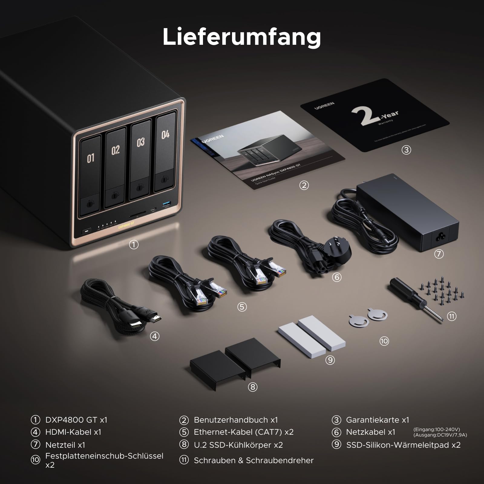 UGREEN NASync DXP4800GT 4-Bay Desktop NAS, AMD Ryzen R2514, Dual 10GbE, 8GB DDR4 RAM (bis 64GB), ECC-Support, U.2 & M.2 Slots, integrierte 128GB SSD, für Creator, Teams & Zuhause, Diskless