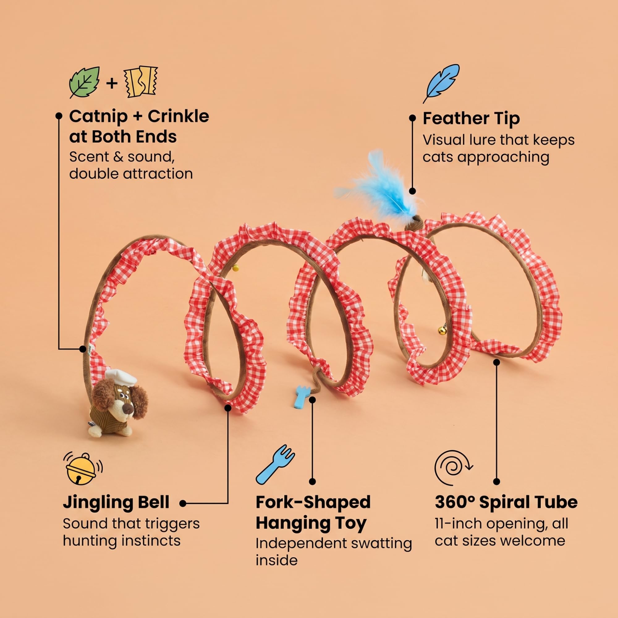ZEZE Monica Tunnel à ressort pour chat avec herbe à chat et froissement, tube en spirale à 360°, pointe en plumes, cloche et jouet suspendu, ouverture de 28,9 cm, tunnel pliable pour chat d'intérieur
