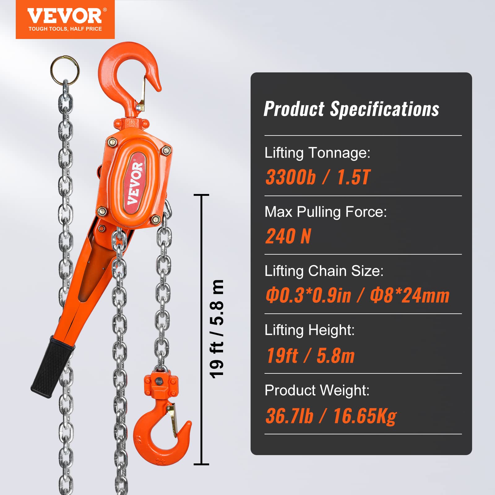 VEVOR Palan à Levier Manuel 1,5 T Palan à Chaîne à Cliquet Manutention Levage 5,8 m Acier au Carbone G80 Frein Weston Double Cliquet Guidage de Chaîne Crochet 360° pour Marchandises Garage Quai Usine