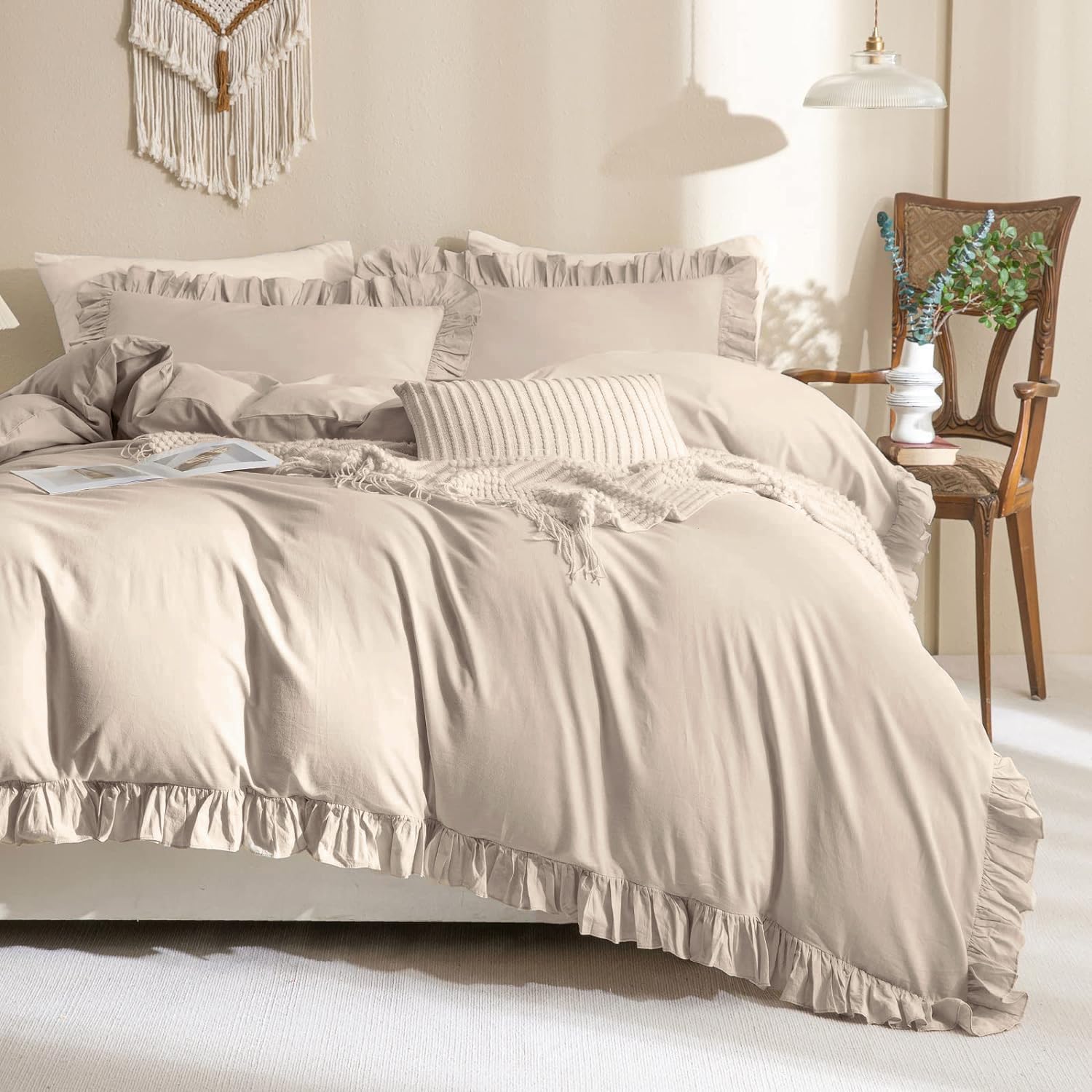 QSH Beige Khaki Ruffle Duvet Cover Queen Size Washed Cotton,3Pcs Linen Feel Farmhouse Shabby Vintage Boho Chic Ruffled Bedding Set French Country Rustic Comforter Cover Aesthetic Soft Quilt Cover Set
