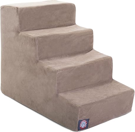 Majestic Pet 4 Step Suede Portable Dog Stairs for Small Dogs to get on Bed Supports 25 lbs or Less – Dog Steps for High Bed with Machine Washable Cover – Pet Stairs for Cats Stone