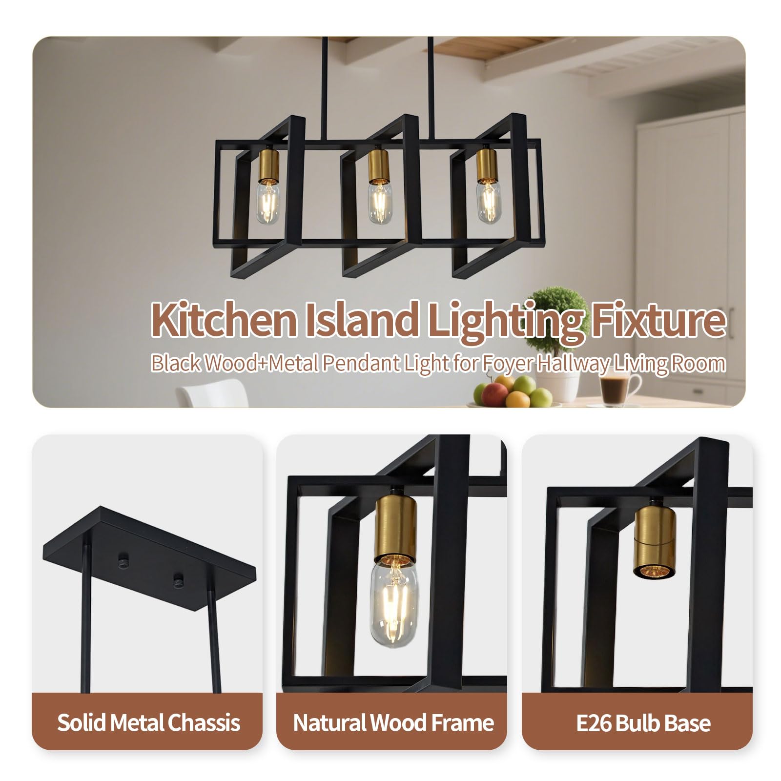 lampadari da cucina, lampadario della tavola da pranzo, lampadari da cucina per la sala da pranzo il salone, corridoio del foyer, struttura di legno. (Nero,3 luci)