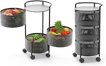 Jaq Rotating Storage Shelves Rack For Kitchen, 3-Tier Multi Layer Removable Basket Shelf Organizer On Rolling Wheels For Fruit Vegetable Grocery Corns Potato Onion (3-Tier, Black) - Carbon Steel