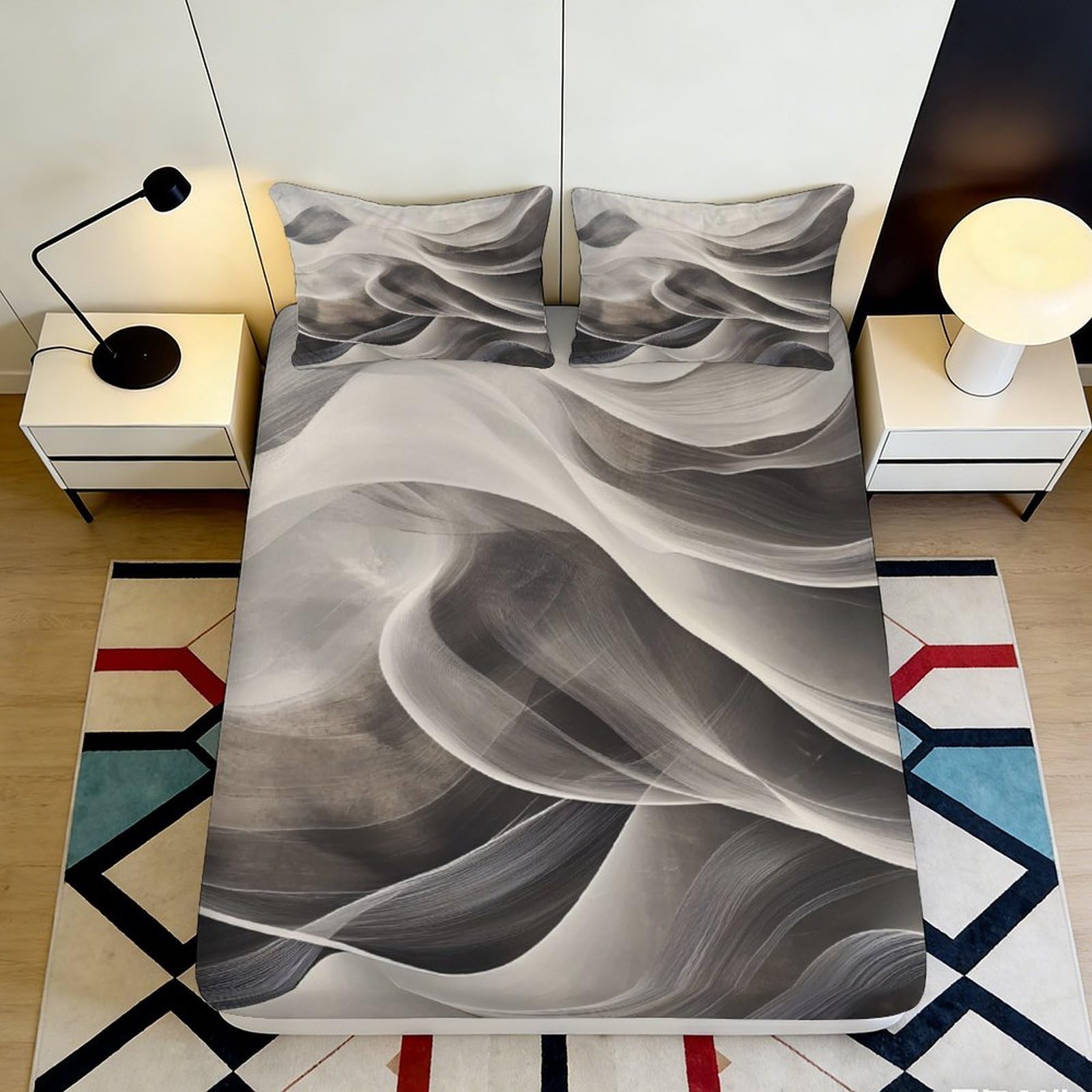 3D Printed Abstract Wave Fitted Sheet Microfiber Soft Grey Swirl Bed Cover for Bedroom Guest Room Dorm Decor 90x200x25cm