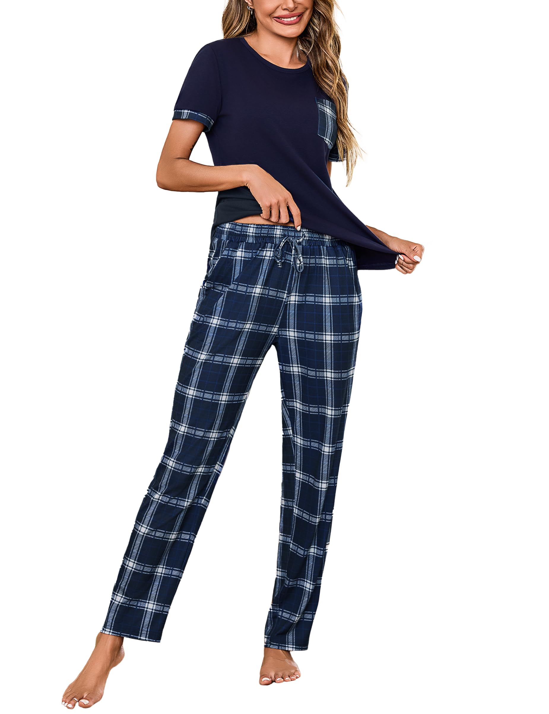 Litherday Schlafanzug Damen Baumwolle Pyjamas Set Kurzarm Nachtwäsche Set Zweiteiliger mit Lang Pyjamahose und Shirt Casual Elastischer Bund Sleepwear