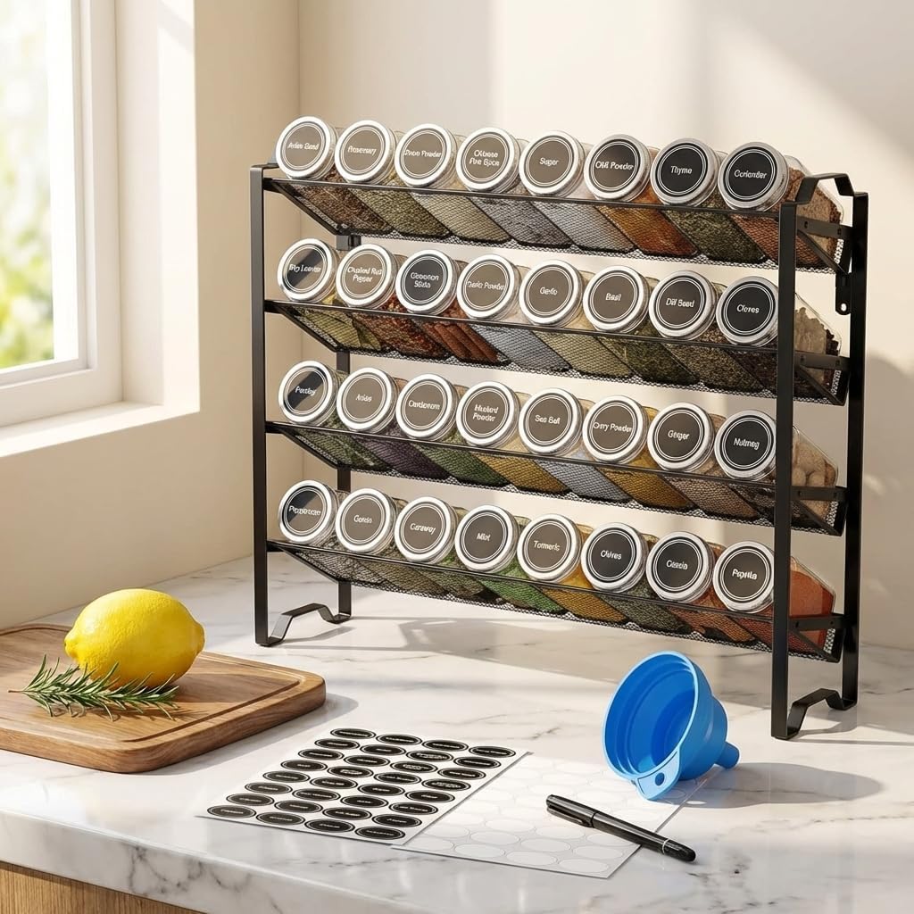 Simple Trending Spice Rack Organizer with 32 Empty Spice Jars, 64 Spice Labels, Chalk Marker and Funnel Set for Cabinet, Countertop, Kitchen, Pantry or Wall Mount, Black