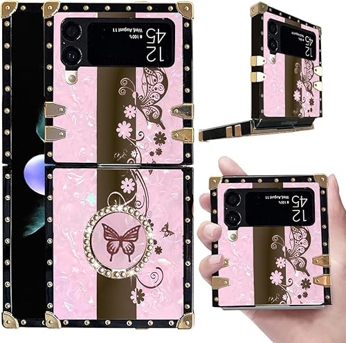 B-wishy Funda de TPU para Samsung Galaxy Z Flip 4 con soporte de anillo, remache cuadrado para niñas y mujeres, cristal antigolpes, delgada, a