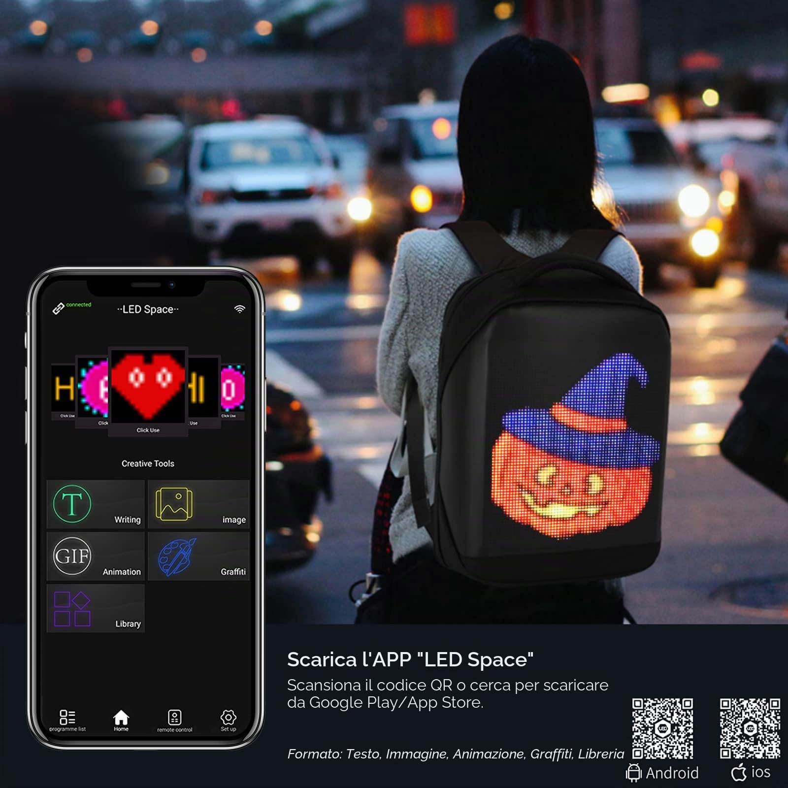 RGA Zaini LED Dinamico Wifi Impermeabile Fai Da Te 64x64 Risoluzione Supporto IOS/Android Sistema Display A LED Testo/Immagine/Animazione Gif