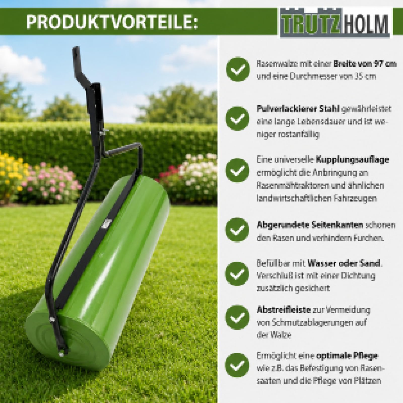 TRUTZHOLM Rasenwalze 97 cm für Rasentraktor ATV befüllbar Wasser oder Sand bis 95 L Schmutzabweiser Gartenwalze Ackerwalze