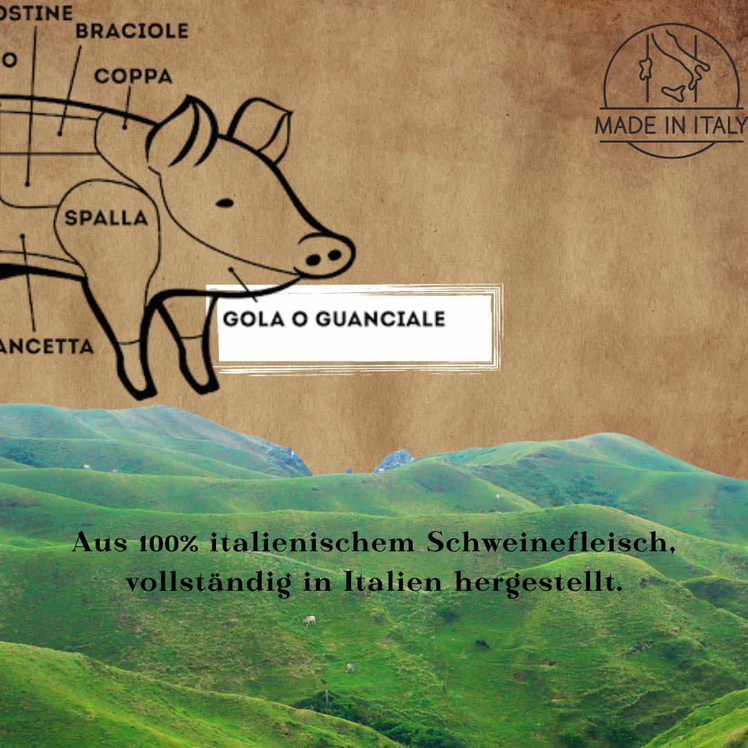 Guanciale | Fettbacke | Stücke portioniert ca. 1,3kg | ideal für bin Amatriciana- und Carbonara-Rezepte | ein 100% italienisches Produkt | höchster Qualität | luftgetrocknet | mit Pfeffer gewürzt