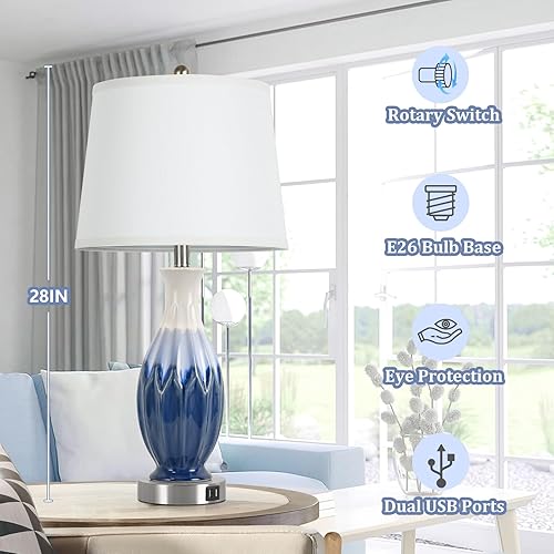 Miniatura 5 de Juego de 2 lámparas de mesa de 28 pulgadas de alto, lámparas de noche de cerámica con puertos USB, lámparas azul marino para mesita de noche,
