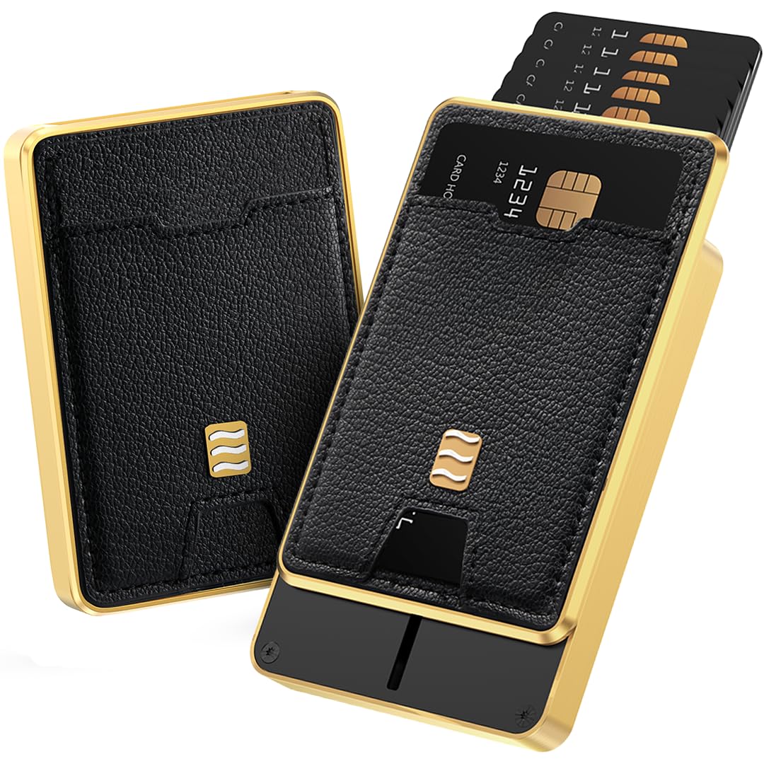 VENICE MIAMI VENICE RFID Blocking Wallet, Minimalist Card Holder with Quick Access, Vegan Leather & Brushed Aluminum, Gift-Ready Packaging (Black &