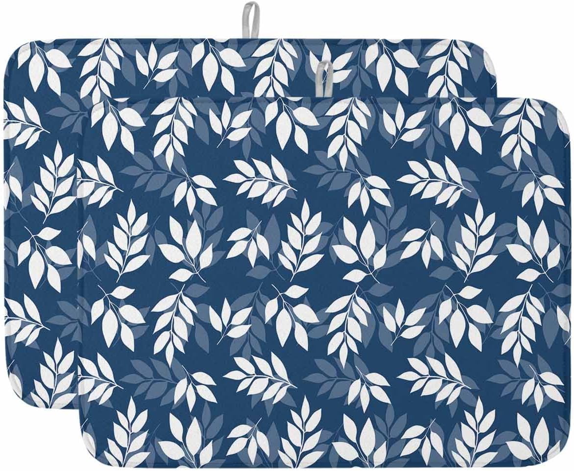 Dish Drying Mat for Kitchen Counter Spring Pastoral Leaves Blue Highly Absorbent Dish Drainer 18 x 24 Inches Dish Drying Pad for Kitchen Counter, Sink, Draining Racks 2PCS