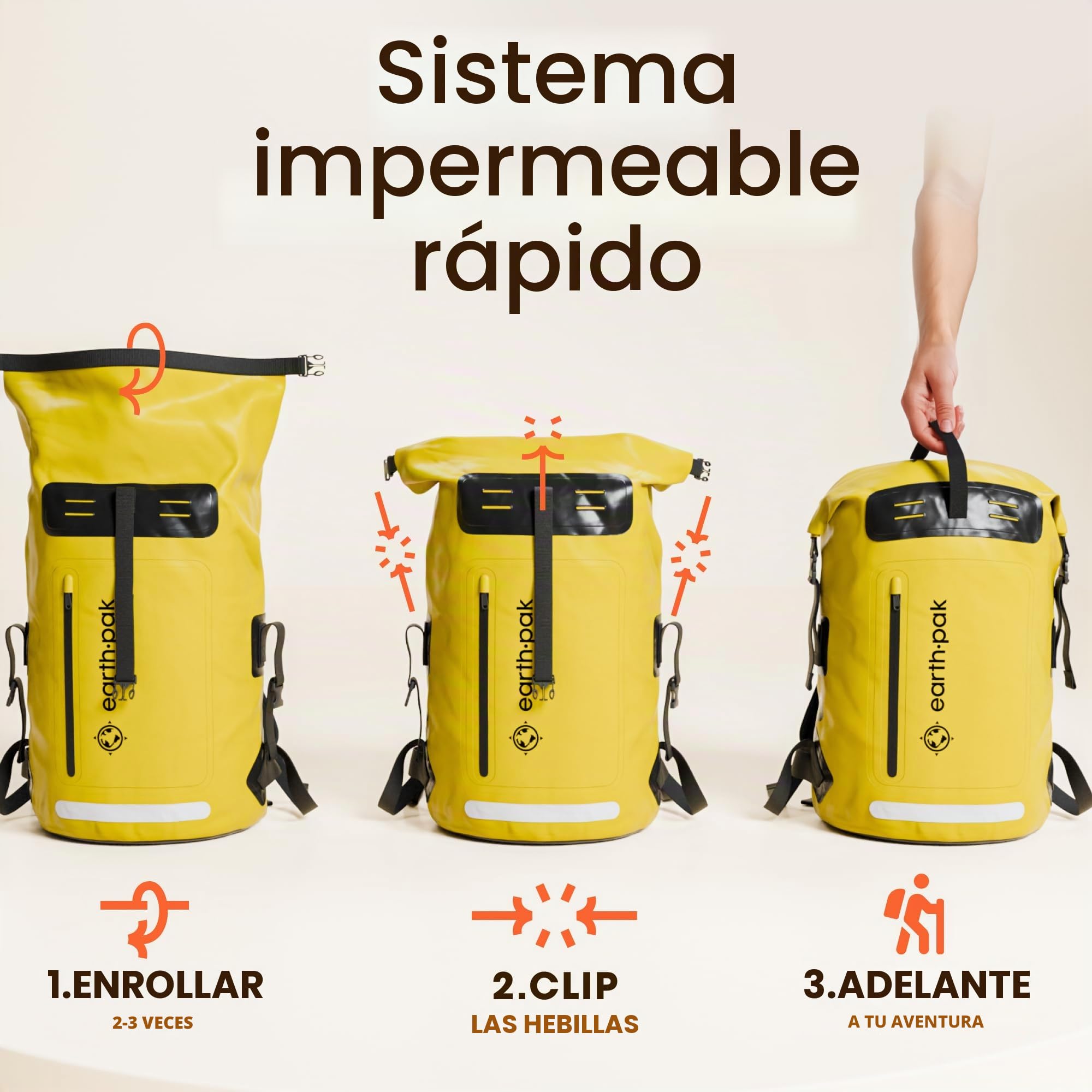 Earth Pak Mochila impermeable con cierre enrollable, bolsillo frontal, panel trasero acolchado y funda para teléfono