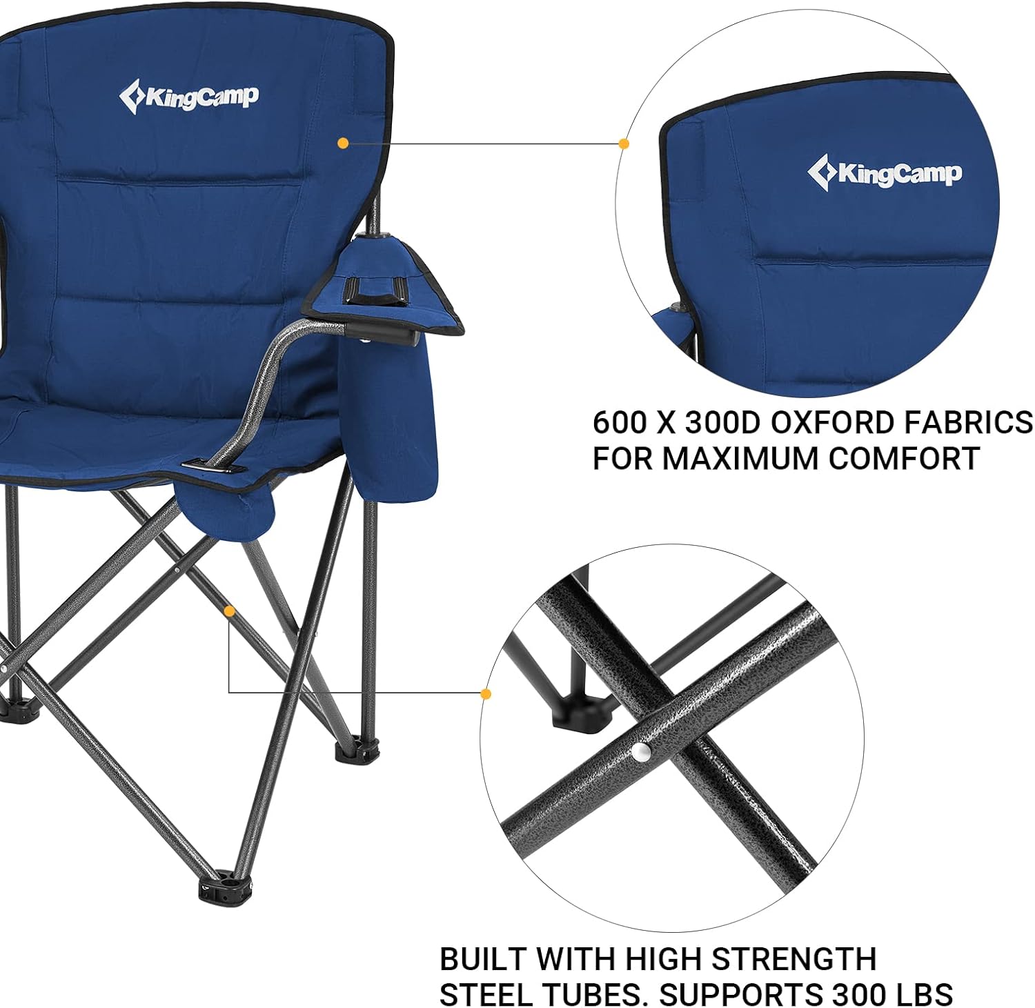 KingCamp Oversized Heavy Duty Camping Chairs 2 Pack, Padded Compact Folding Portable Chair with Cooler Cup Holder Side Pocket for Outdoor Sports Lawn Backyard Backpack Supports 300 lbs, Blue