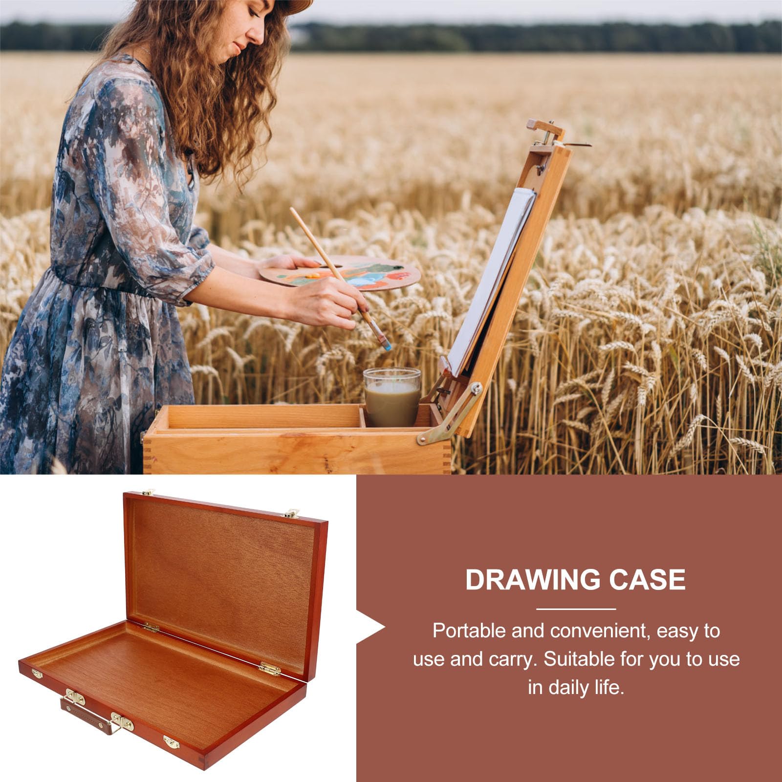 VILLCASE Estuche de Dibujo Portátil de Madera Cierre y Asa Duradera, Caja de Almacenamiento de Pinturas Ligera para Herramientas de Pintura Segura