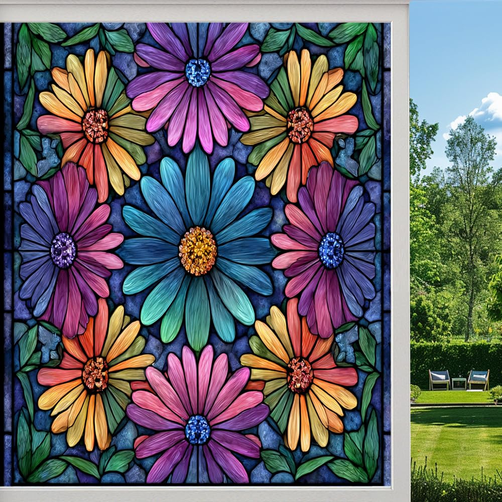 Daisy Bouquet Stained Glass Window Film, Colorful Flowers Garden Peel and Stick Privacy Film, Frosted Adhesive Vinyl Decorative for Bathroom Windows Glass Doors, （40x80cm）