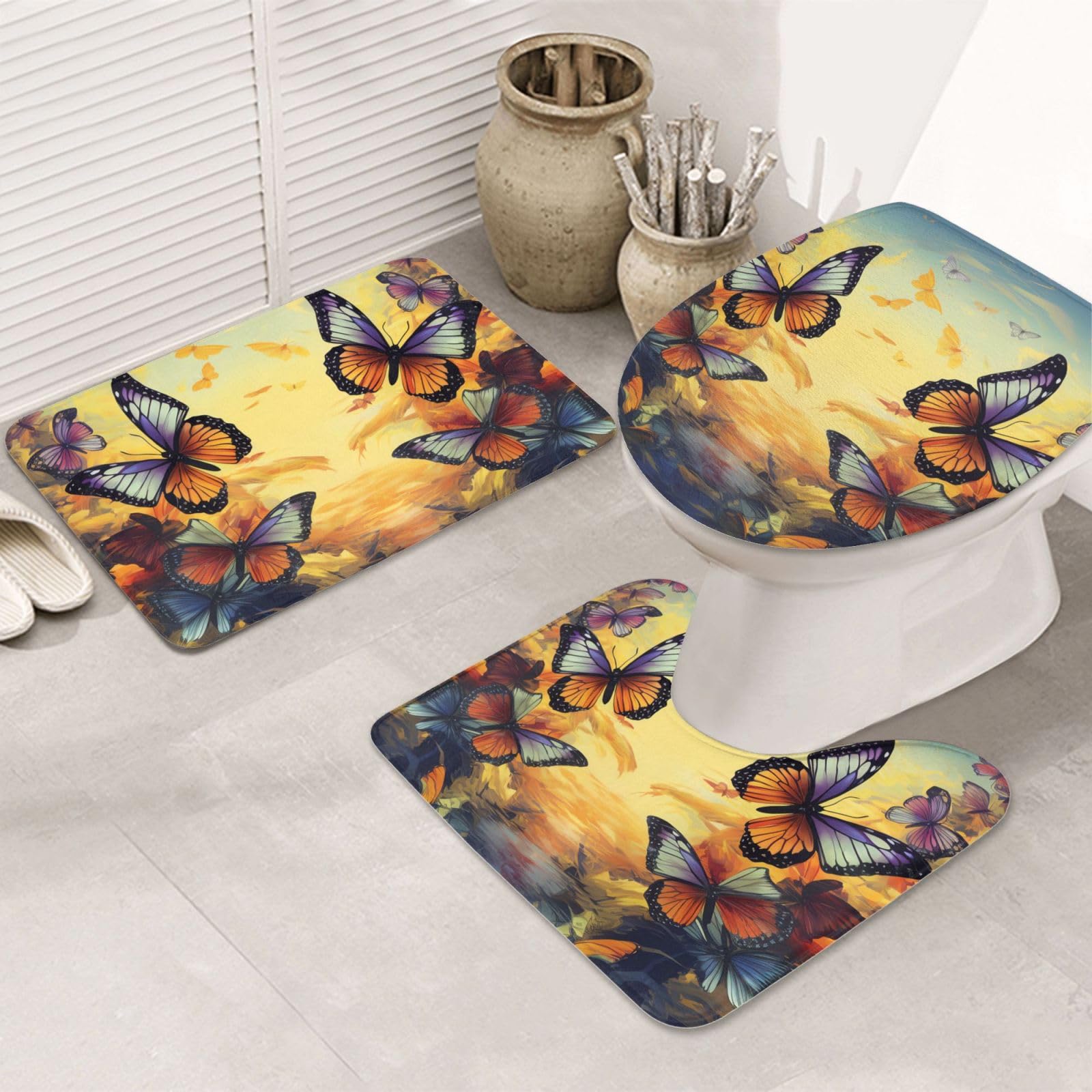 Tapis de bain antidérapant OUSIKA 3 pièces en microfibre douce avec forme U