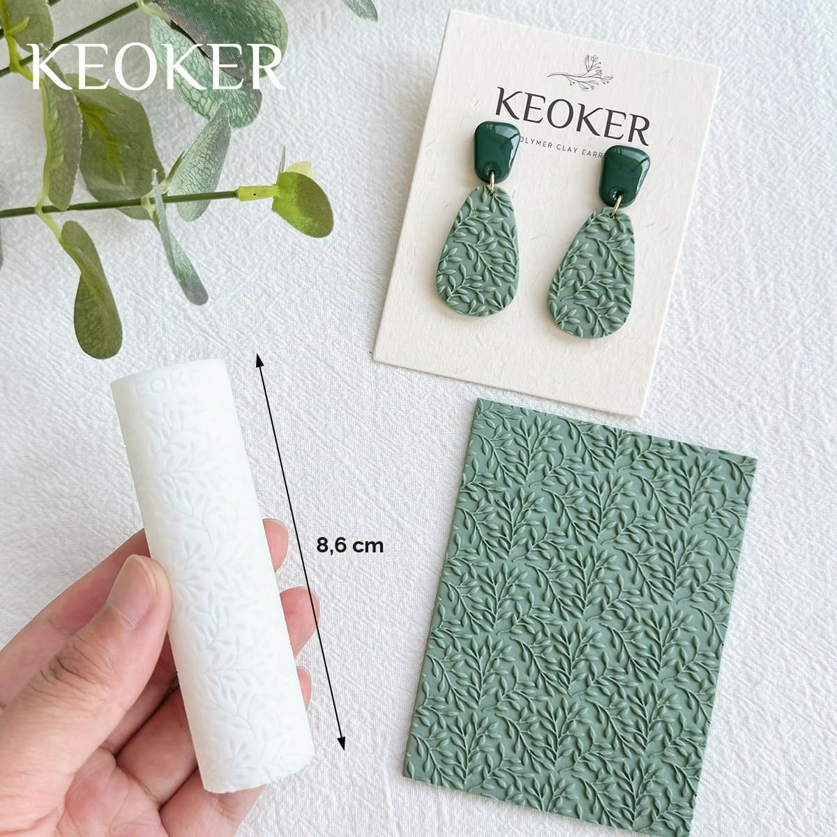 Rodillo de textura de arcilla de polímero Keoker, juego de 3 rodillos para hacer aretes, como hojas de textura, ideal para usar con cortadores de arcilla (3 piezas, diseño de hoja)