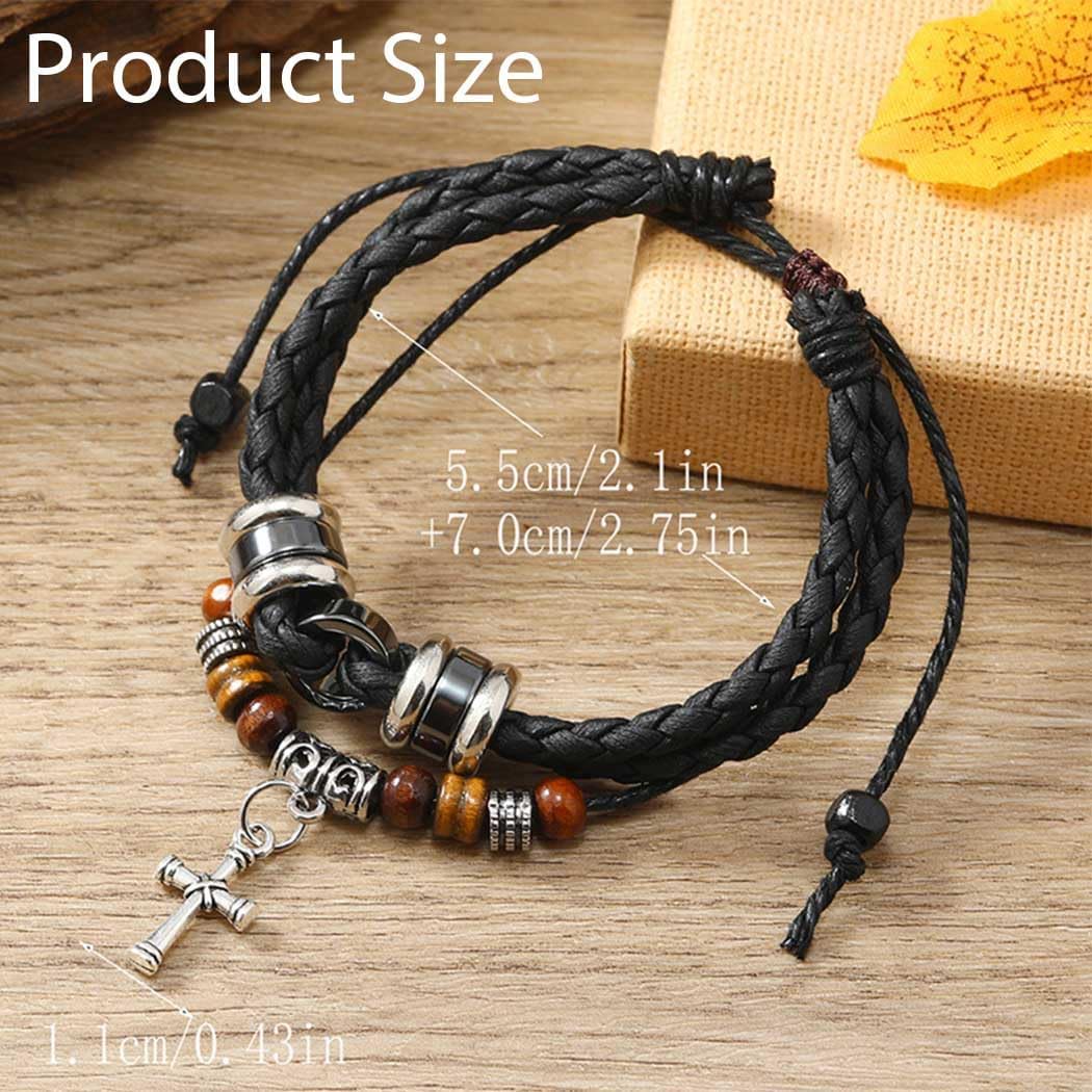 Leather Cross Bracelet Black Stackable Bracelets Braided Beaded Bracelet for Men and Women Holiday Party