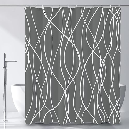 Gibelle Cortina de ducha abstracta a rayas, moderna cortina de ducha minimalista de tela impermeable con ganchos, 72 x 72 pulgadas, color gris oscuro