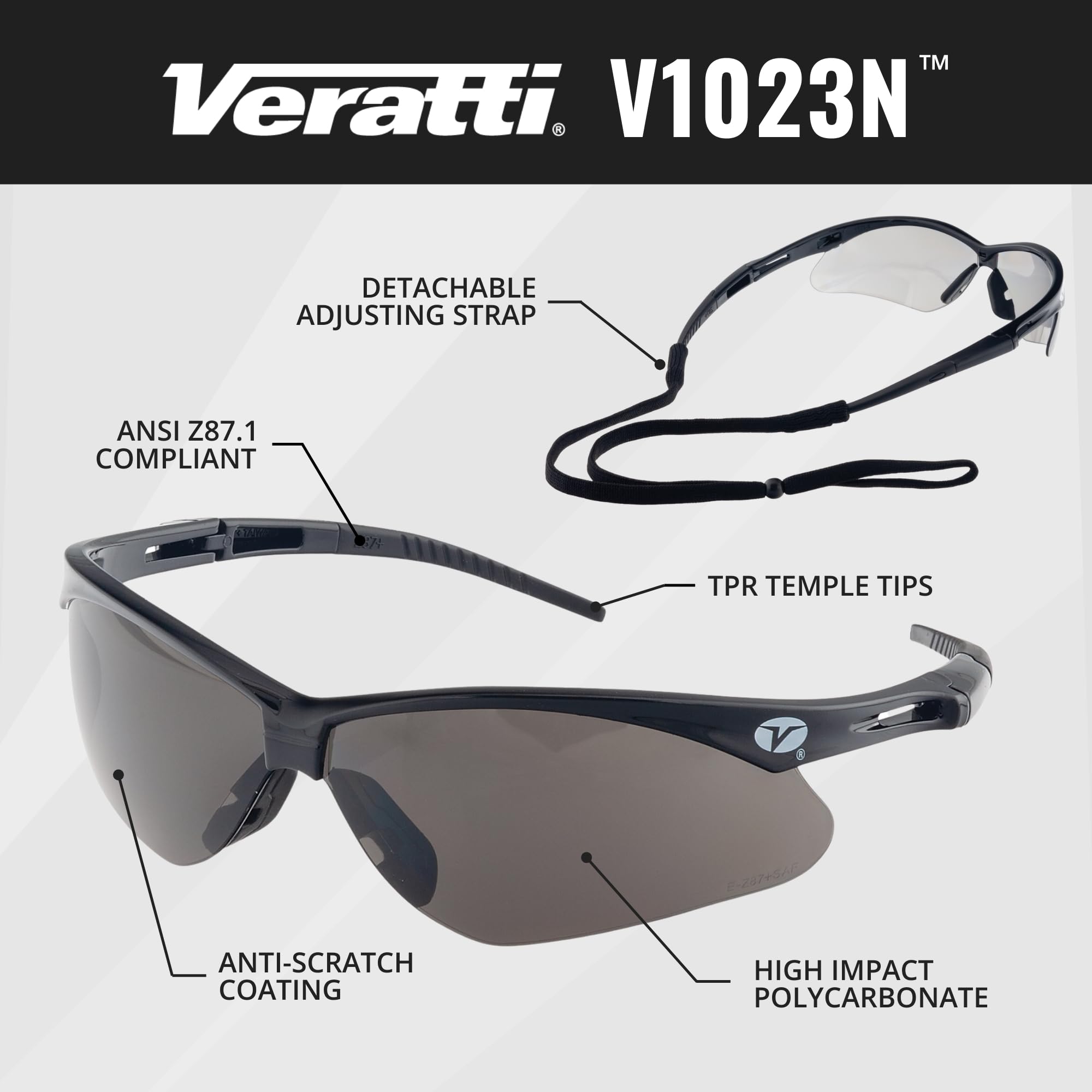 Veratti V1023N Safety Glasses, 12 Pack, Gray Anti-Scratch Lens, ANSI Z87.1, Removable Strap, Black Frame