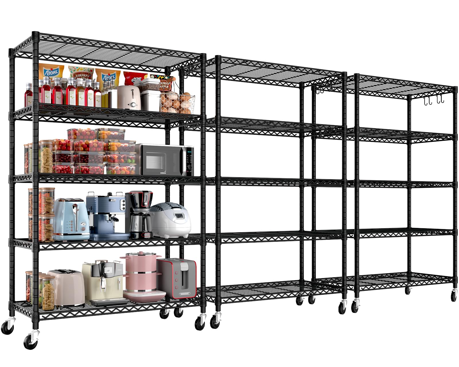 PrimeZone 3 Packs 36" W x 16" D x 79" H Wire Storage Shelves with Wheels, 5 Tier NSF Certified Heavy Duty Adjustable Kitchen Shelving Unit, Pantry
