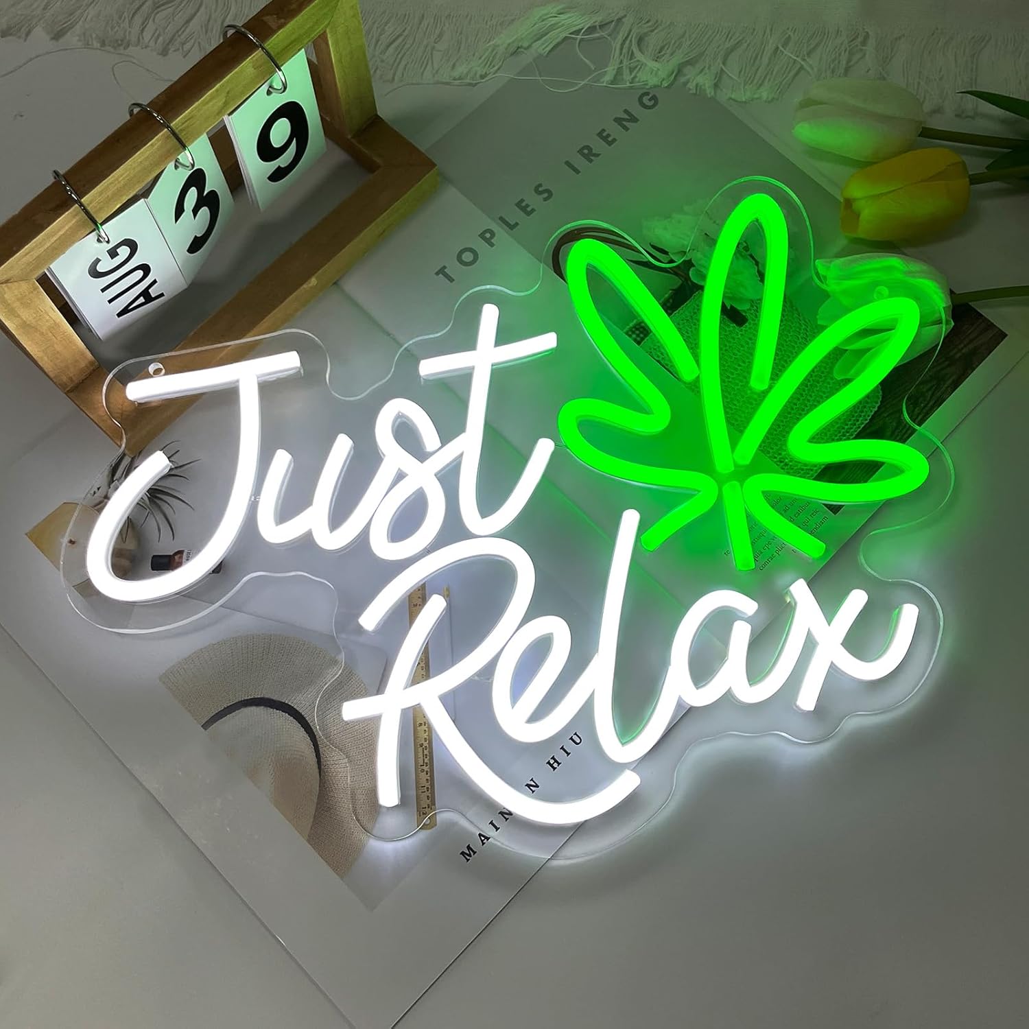 Just Relax Neon Sign LED Wall Decor, Green Leaf Aesthetic Light for Bedroom, Bar, Lounge, Man Cave and Game Room, USB Powered Dimmable Neon Lamp for Chill Room Decor - Image 2