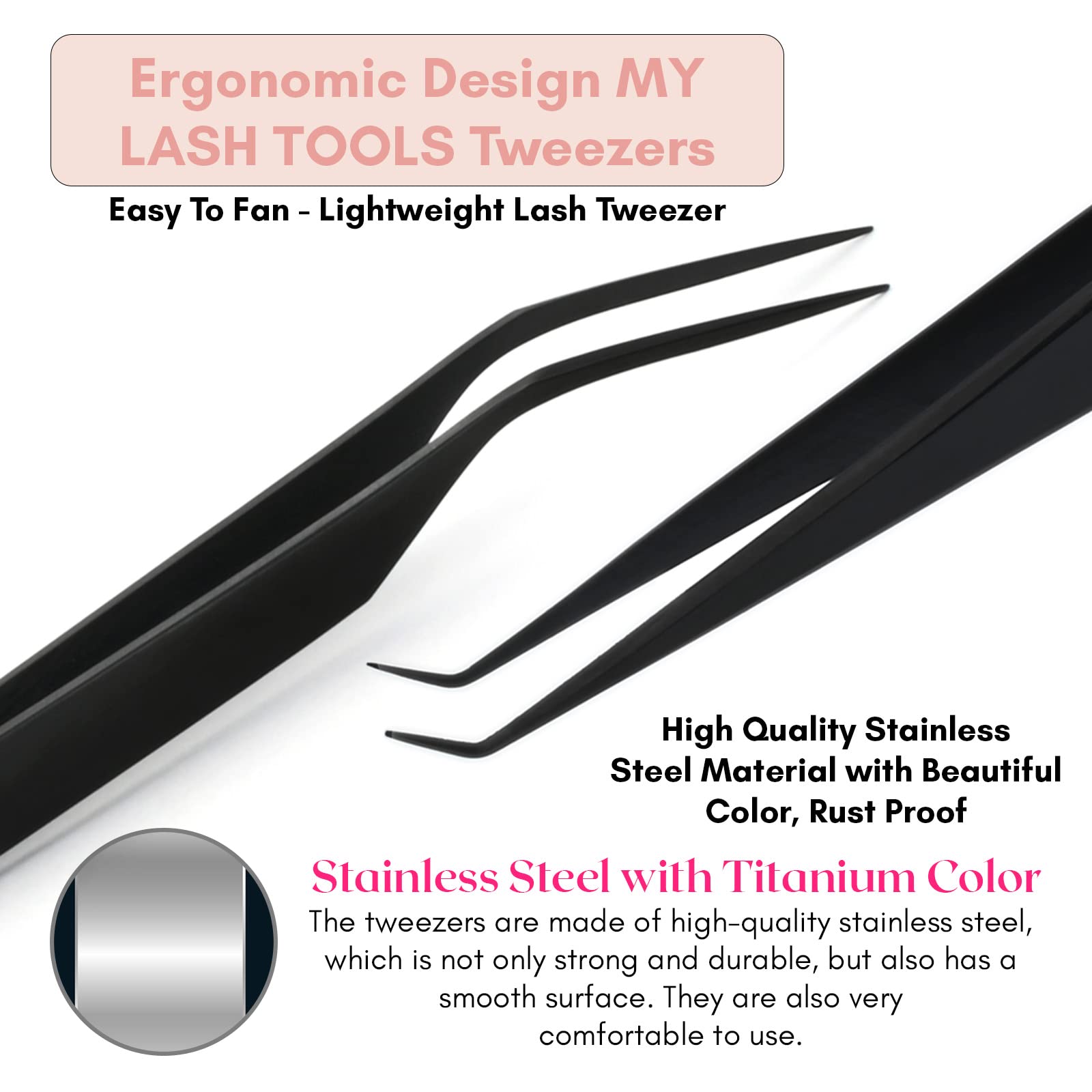 My Lash Tools - Pinzette isolanti per ciglia finte, ideali per isolamento individuale e ciglia classiche, in acciaio inox giapponese, leggere, di precisione, colore nero