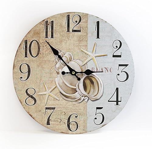 Reloj de pared de madera de estrella de mar de concha decorativo de 13 pulgadas para decoración temática de playa para cocina, baño, oficina,