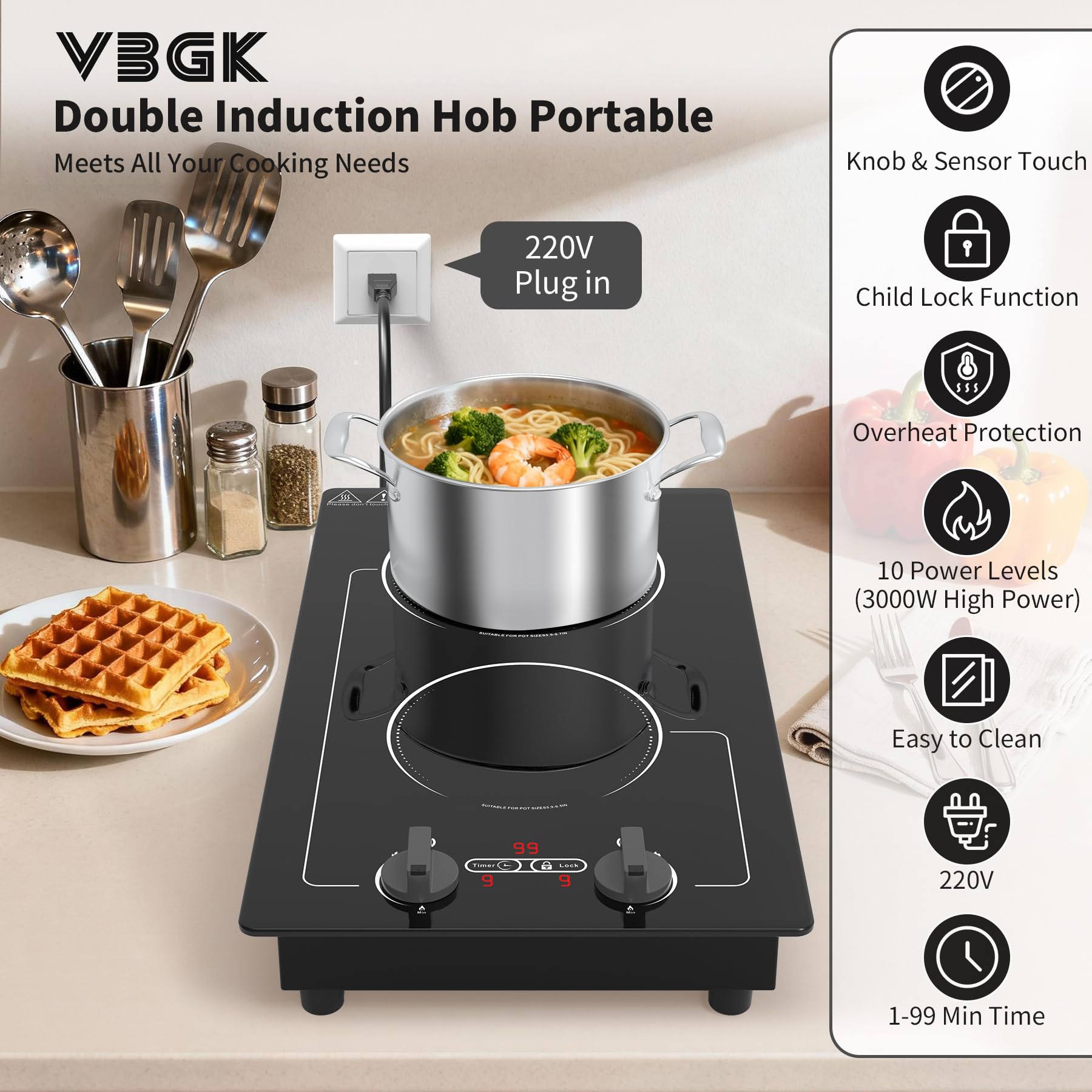 VBGK Induction Hob,220V 3000W twin induction hob with LED Touch Screen, 10 Power Levels, Kids Lock & Timer, Overheat Protection, knob and touch control Double Induction Hob — view 2