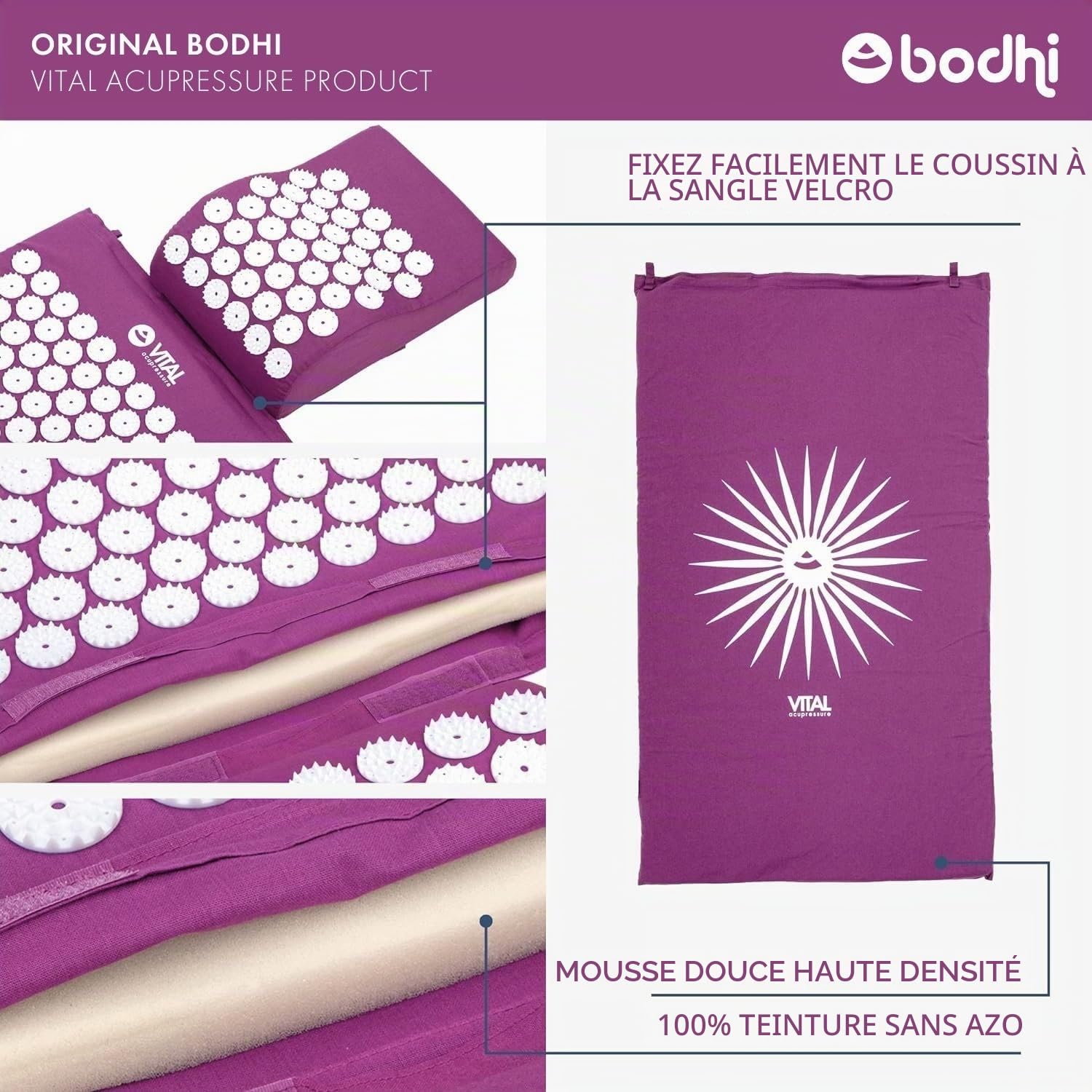 Kit d'acupression VITAL aubergine, tapis 74 x 44 cm + coussin 33 x 28 cm + sac de transport en nylon. Housse 100% coton et fleurs en plastique dur hypoallergénique ABS