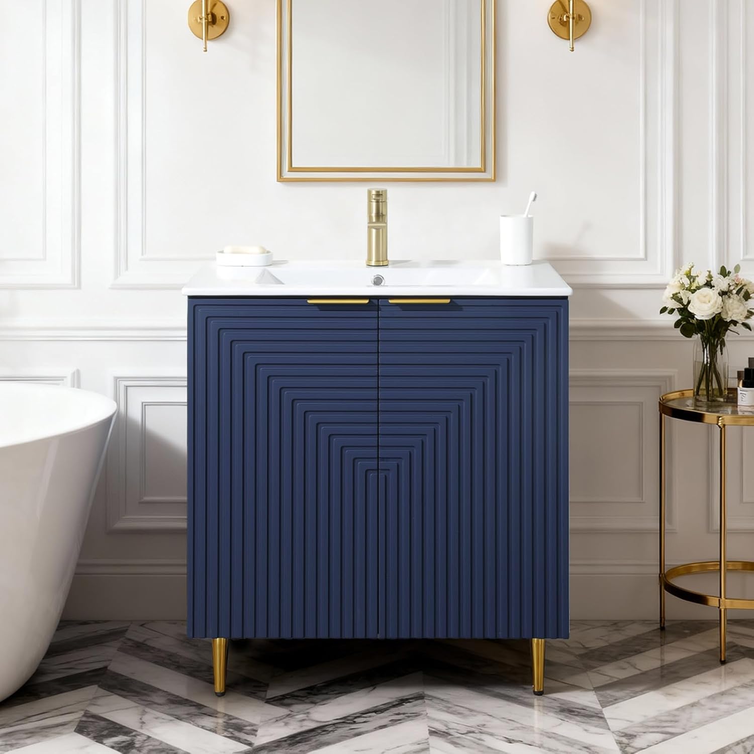 30 Inch Blue Bathroom Vanity with Ceramic Sink Combo, Modern Freestanding Bathroom Cabinet with Soft Closing Door