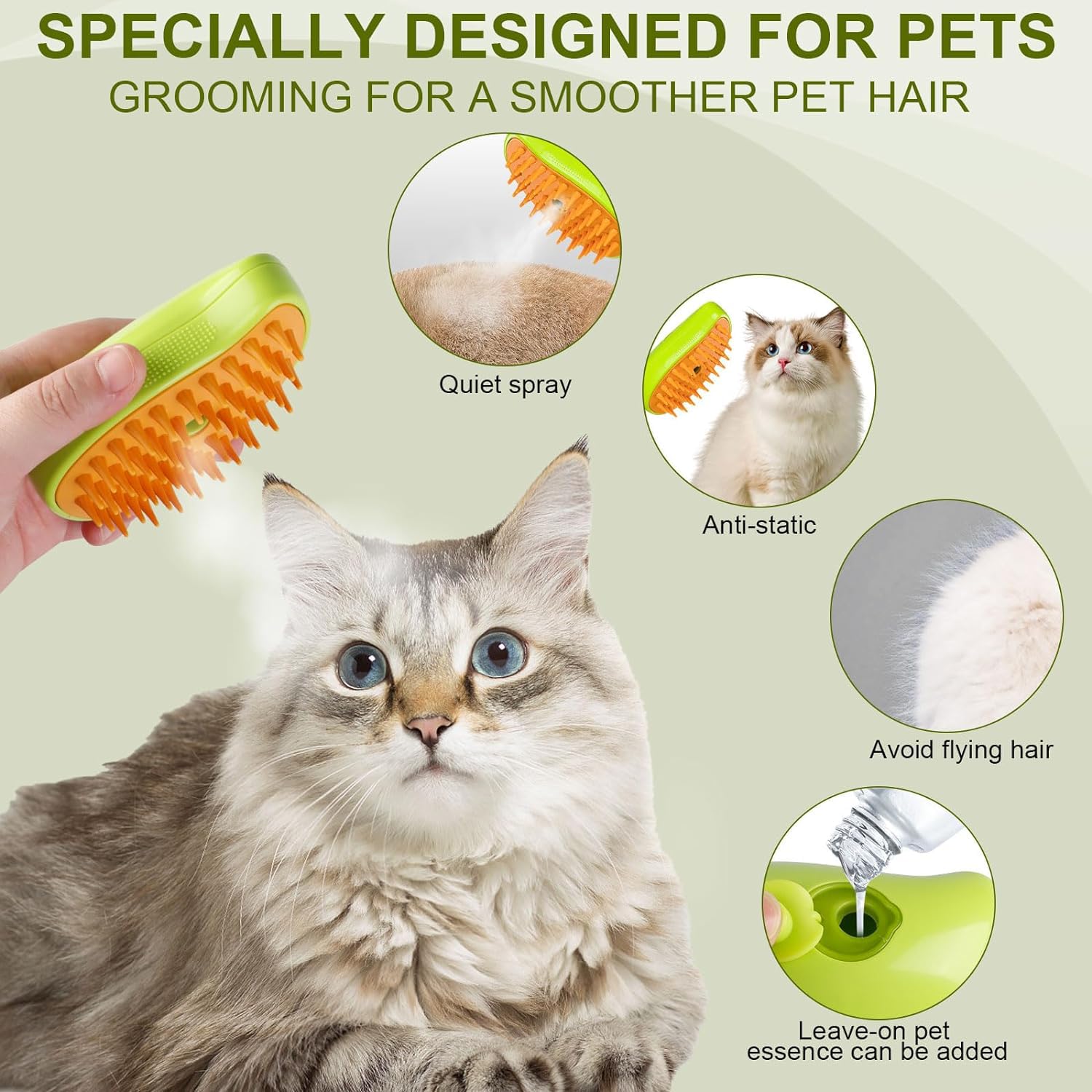 Pet Steam Brush For Dogs & Cats - 3-in-1 Hair Removal Comb With Water Spray, Includes Grooming Kit