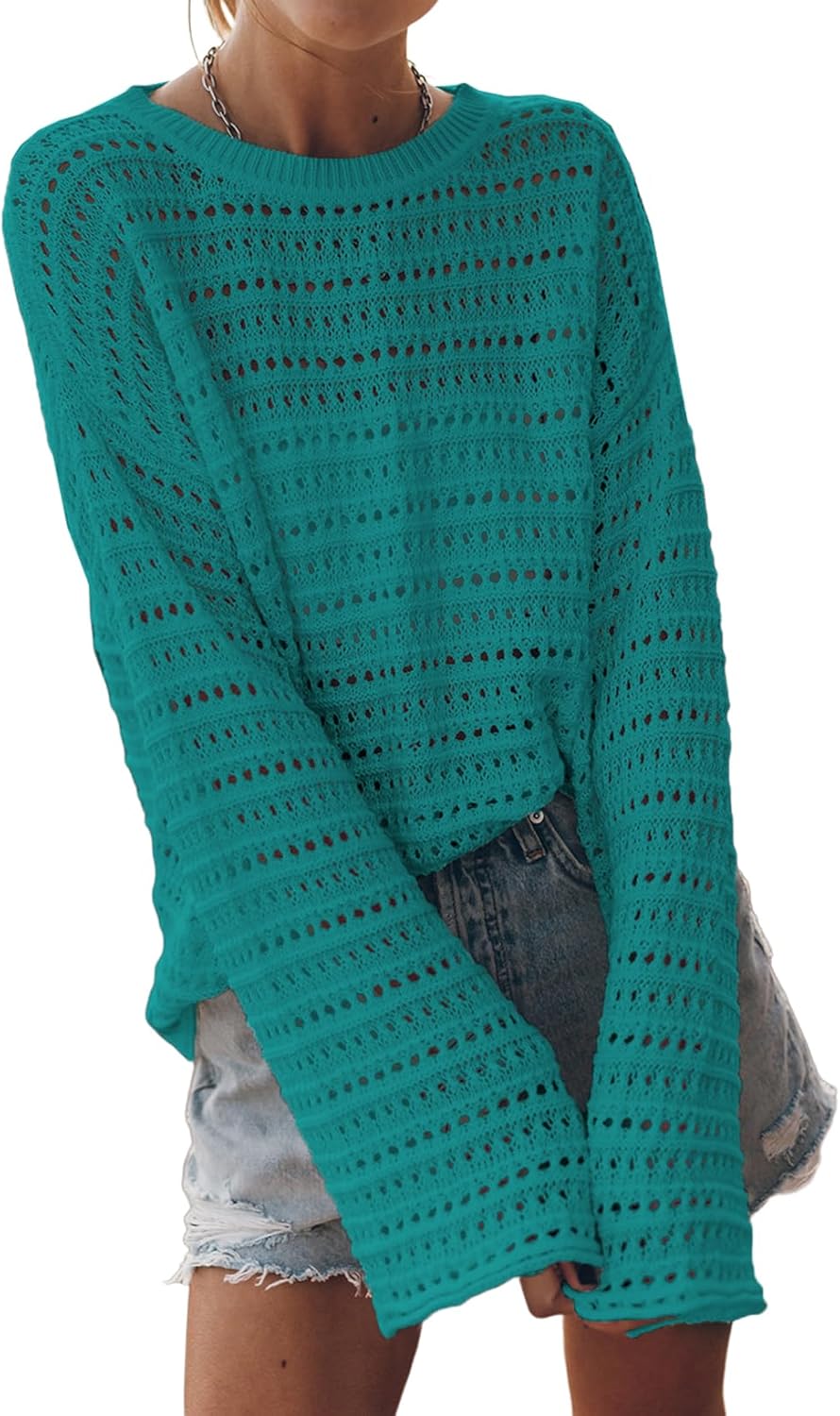 Sidefeel Womens Fall Sweaters 2025 Lightweight Casual Long Sleeve Crochet Hollow Out Knit Pullover Tops Clothing