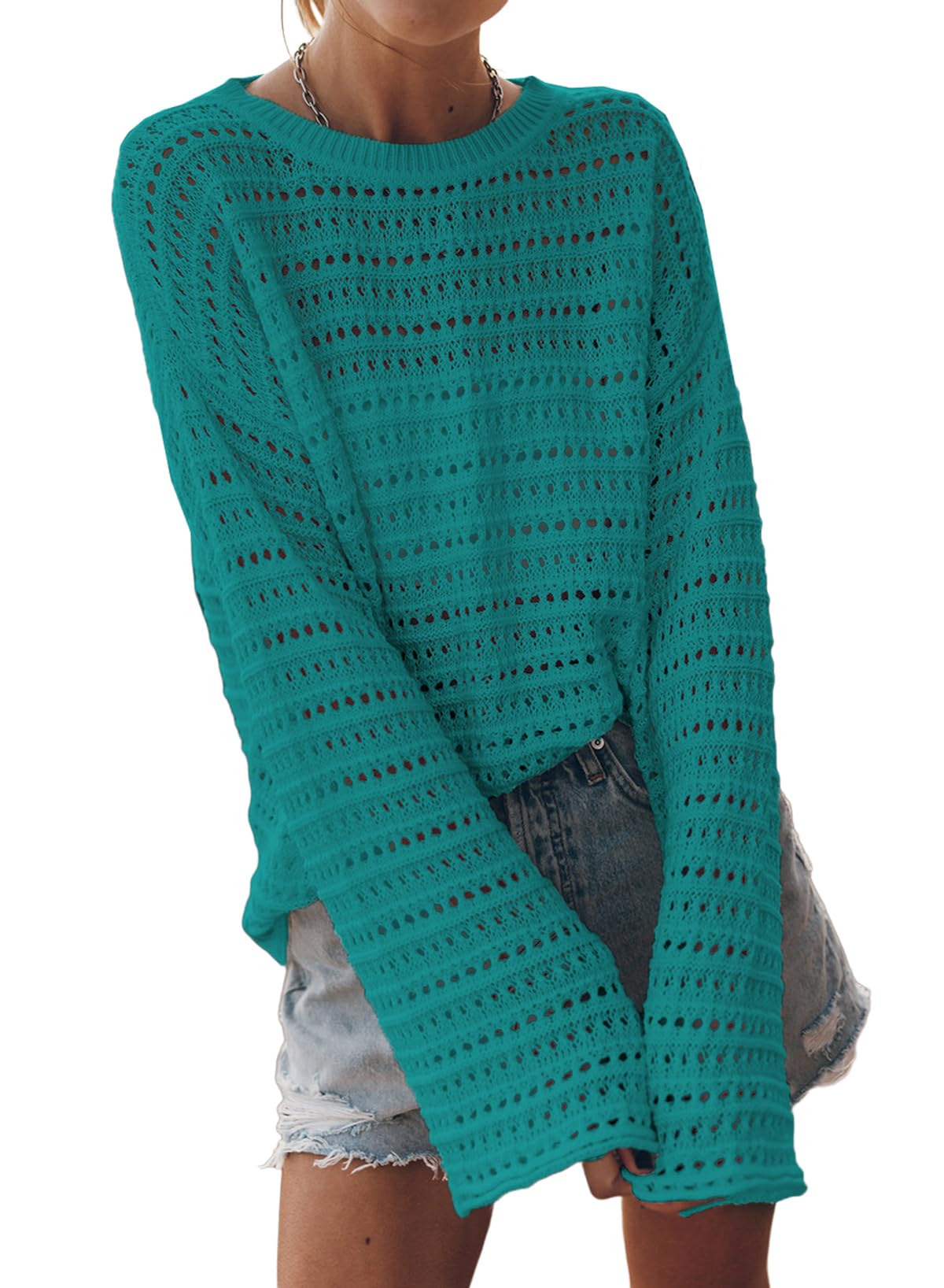 Sidefeel Womens Sweaters Lightweight Casual Long Sleeve Loose Crochet Hollow Out Knit Pullover Tops Clothing