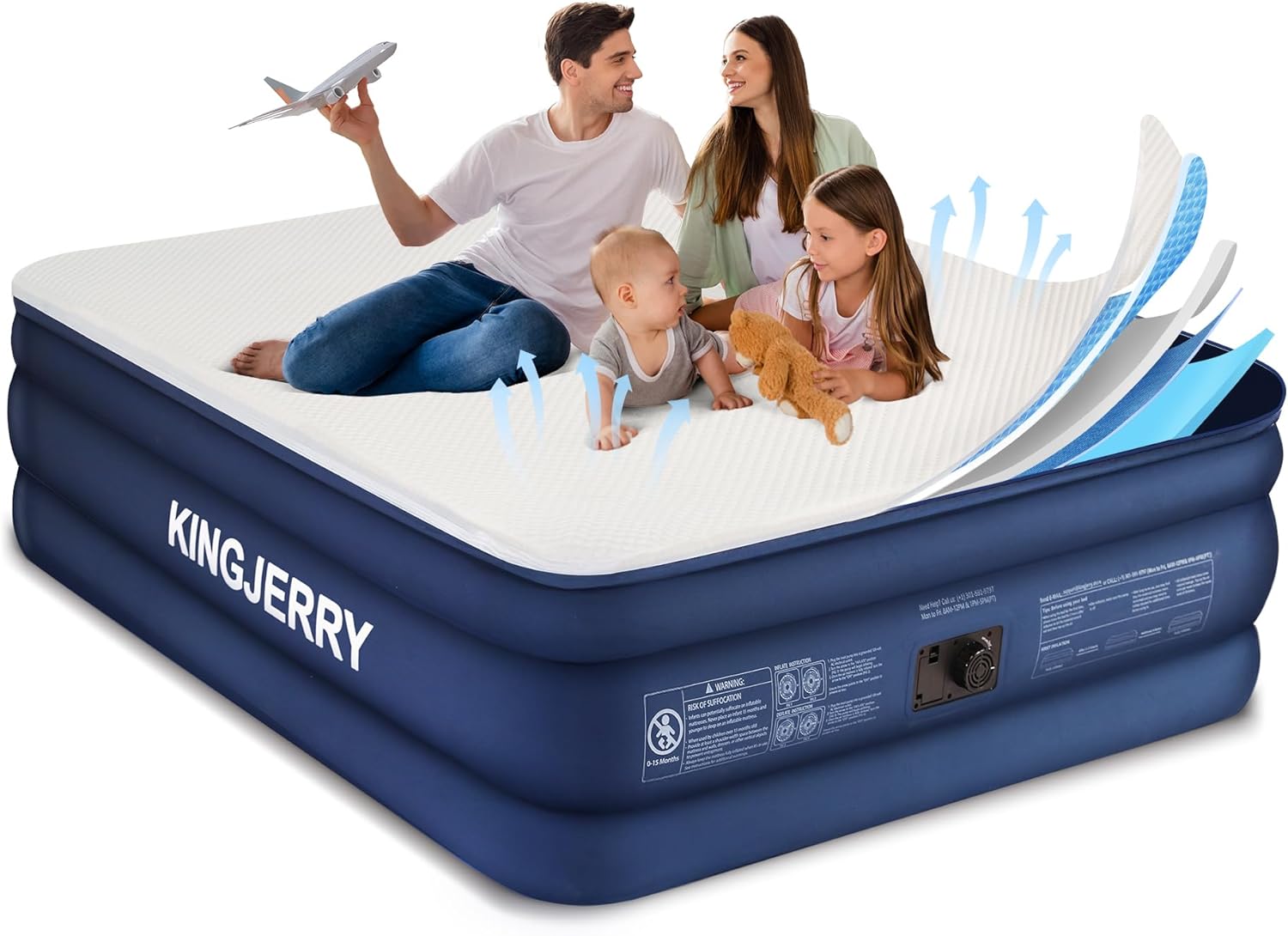 KINGJERRY Queen Air Mattress with Built-in Pump, 18" Luxury Foam Topper Inflatable Blow Up Mattress, Breathable & Washable Silk Feel Cover, 900lbs Supports, 48Hr Leak-Proof, 3-Min Fast for Home&Guests Queen 18in