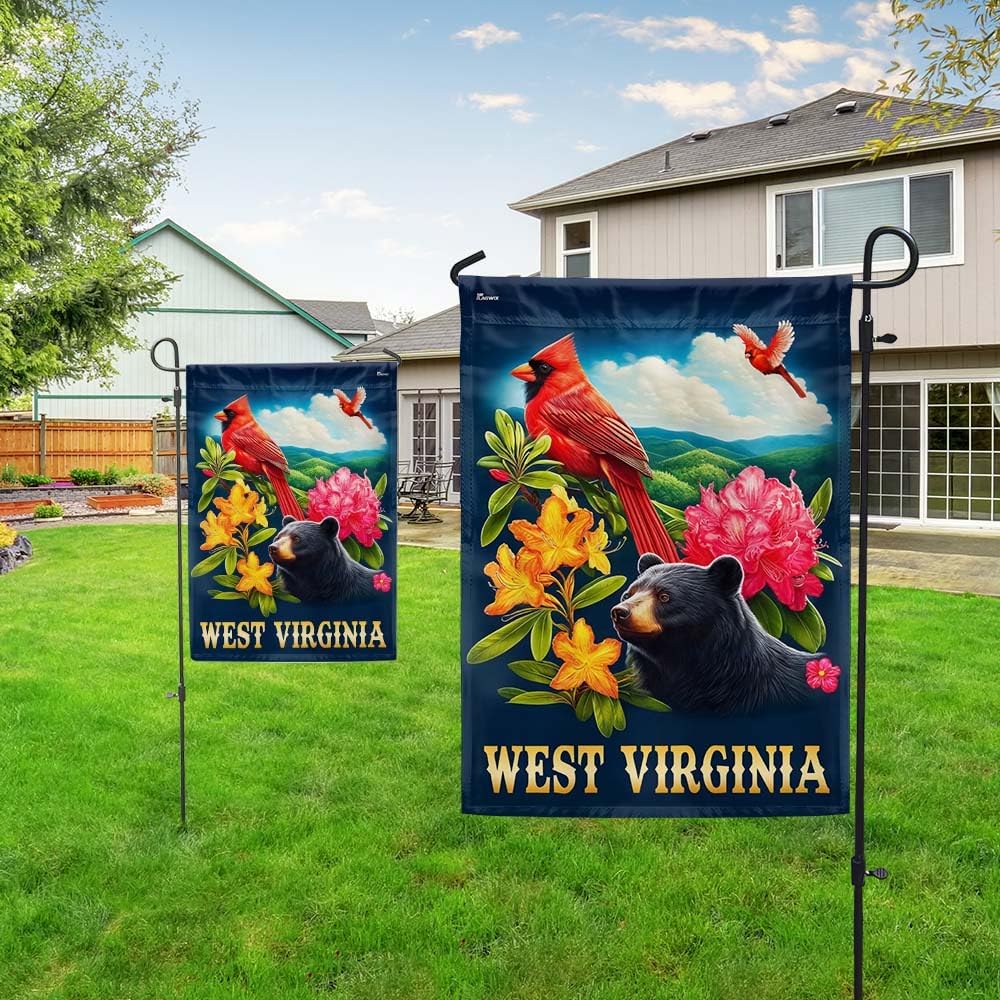 American Flag-West Virginia Black Bear and Cardinal and Rhododendron Flower Flag MLN2996F, Garden Flag (11.5" x 17.5")-USA Flags Premium Polyester-Decorative Indoor Outdoor Flag